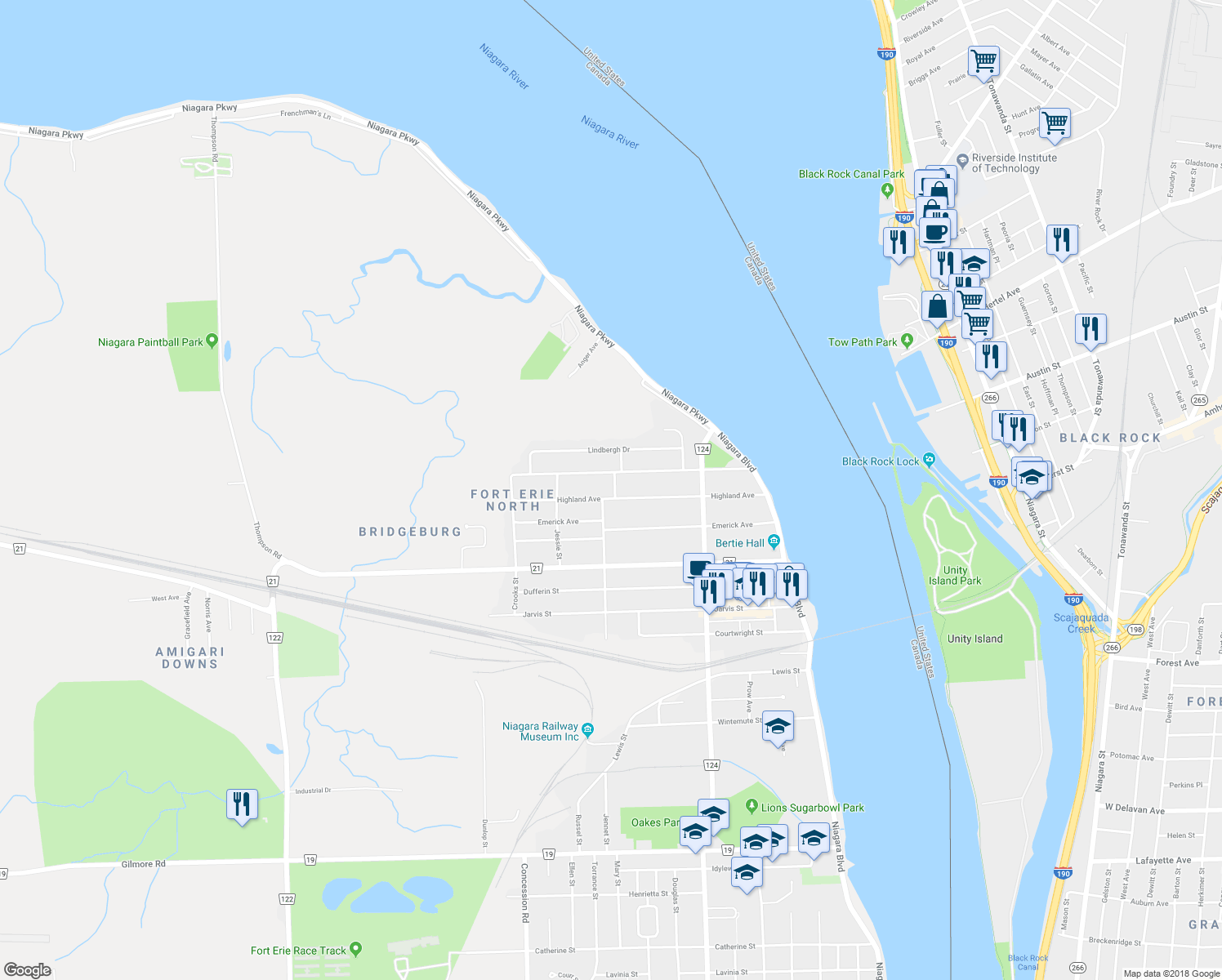 map of restaurants, bars, coffee shops, grocery stores, and more near 278 Highland Avenue in Fort Erie