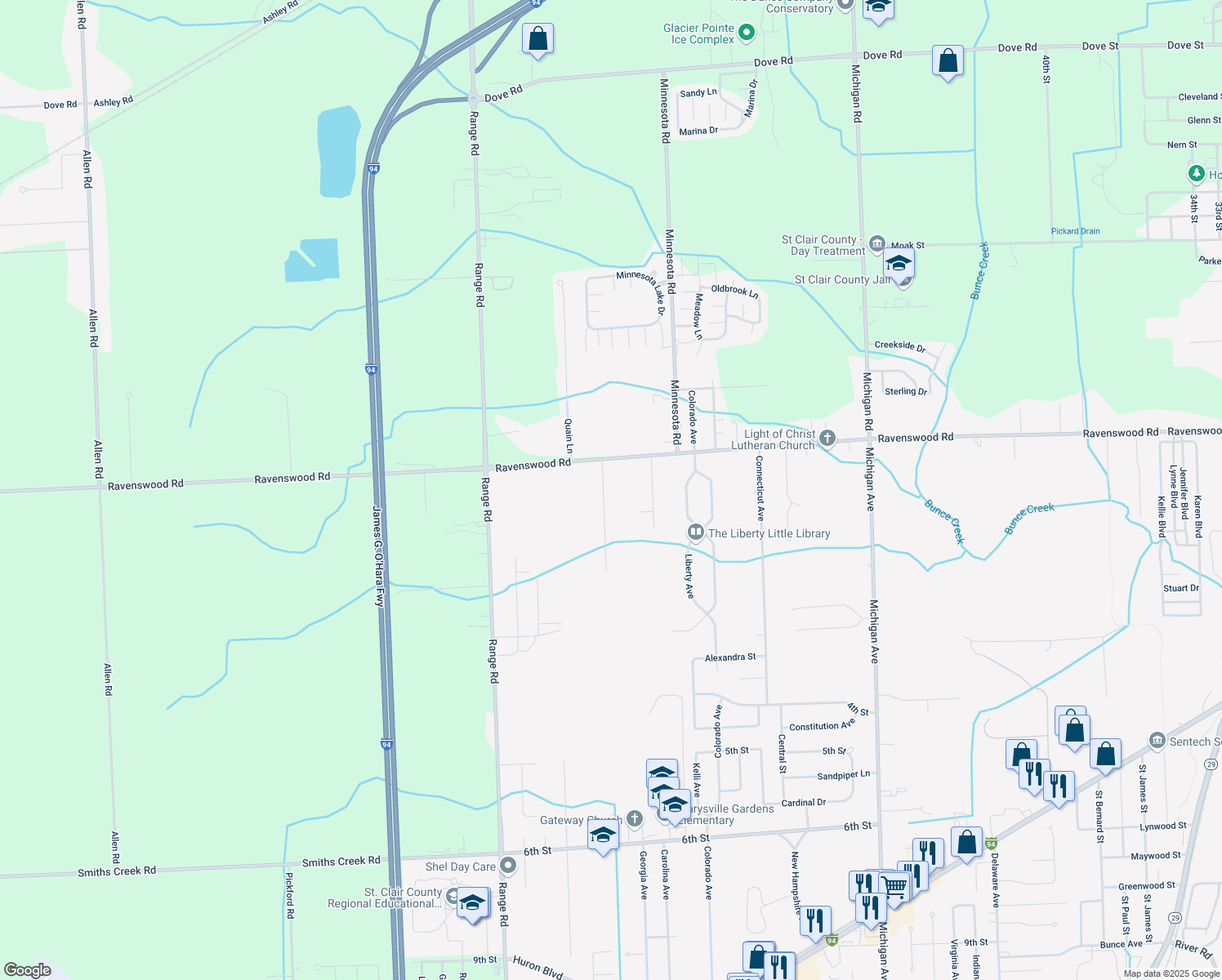 map of restaurants, bars, coffee shops, grocery stores, and more near 59 Saint Clair Boulevard in Marysville