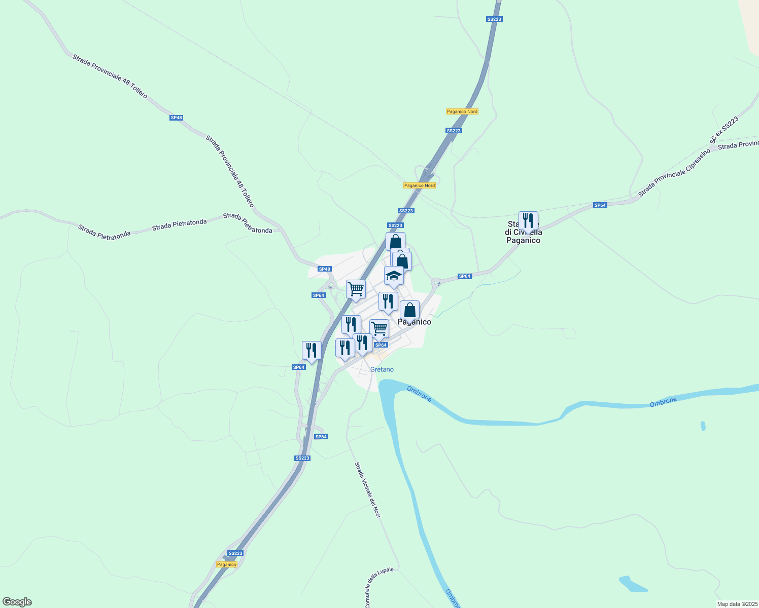 map of restaurants, bars, coffee shops, grocery stores, and more near 22B Via Rinaldo Malavolti in Paganico