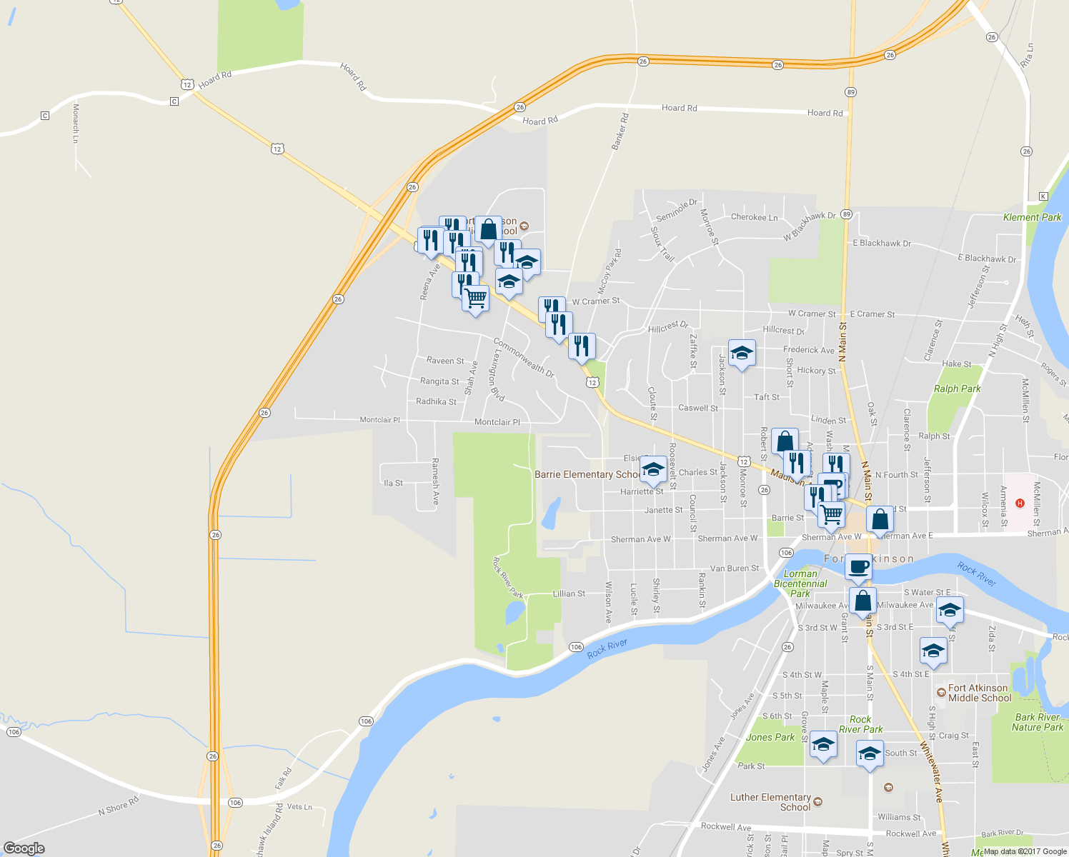 map of restaurants, bars, coffee shops, grocery stores, and more near 1327 Montclair Place in Fort Atkinson