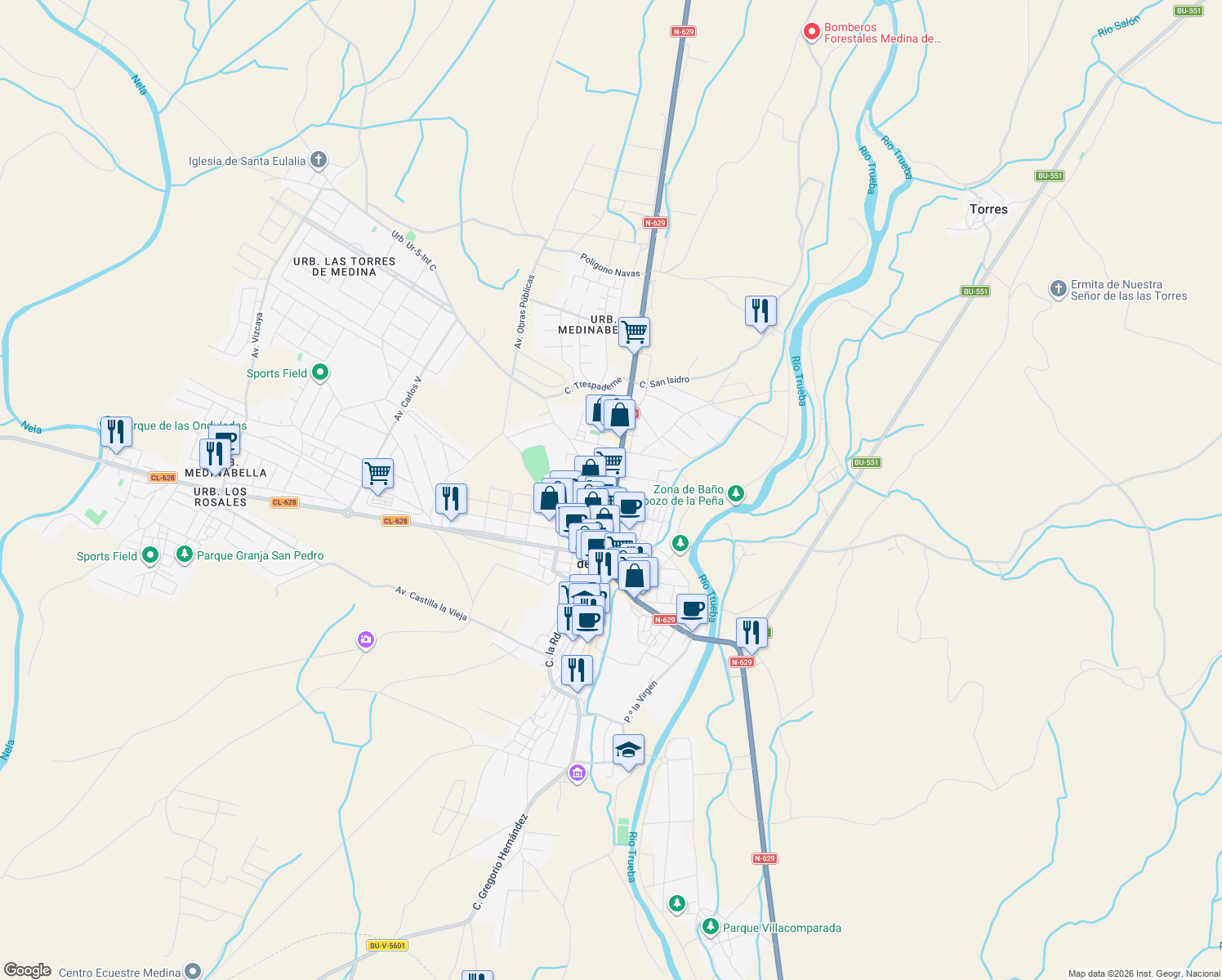 map of restaurants, bars, coffee shops, grocery stores, and more near 23 Avenida Bilbao in Medina de Pomar