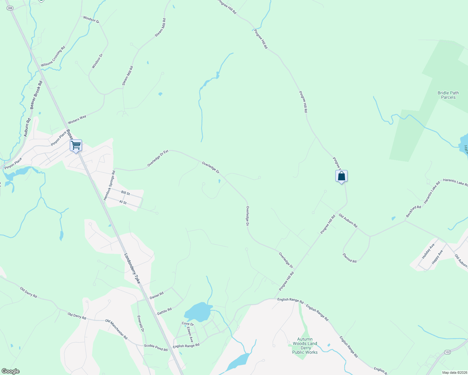 map of restaurants, bars, coffee shops, grocery stores, and more near 43 Overledge Drive in Derry