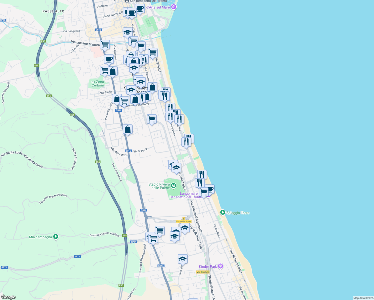 map of restaurants, bars, coffee shops, grocery stores, and more near 74 Viale Guglielmo Marconi in San Benedetto del Tronto
