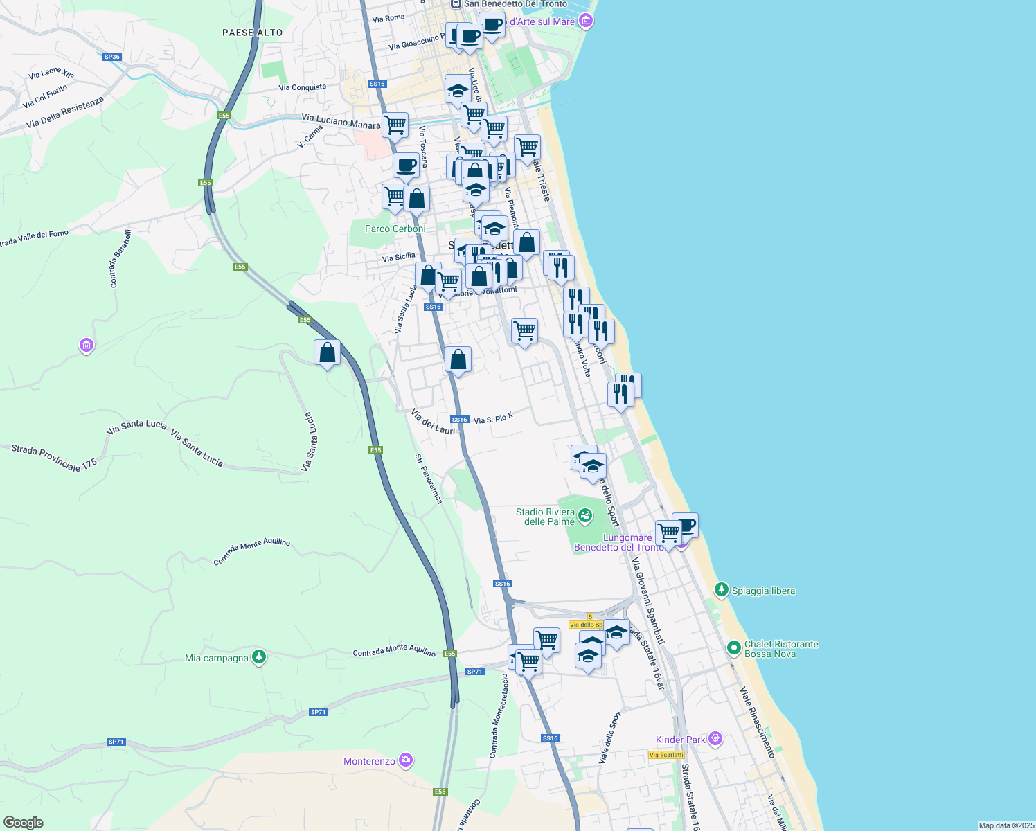map of restaurants, bars, coffee shops, grocery stores, and more near 40 Via San Pio X in San Benedetto del Tronto