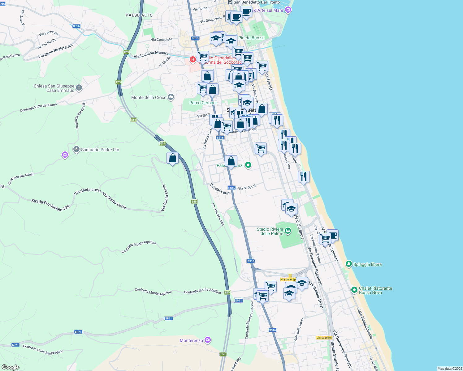map of restaurants, bars, coffee shops, grocery stores, and more near 71 Via della Liberazione in San Benedetto del Tronto