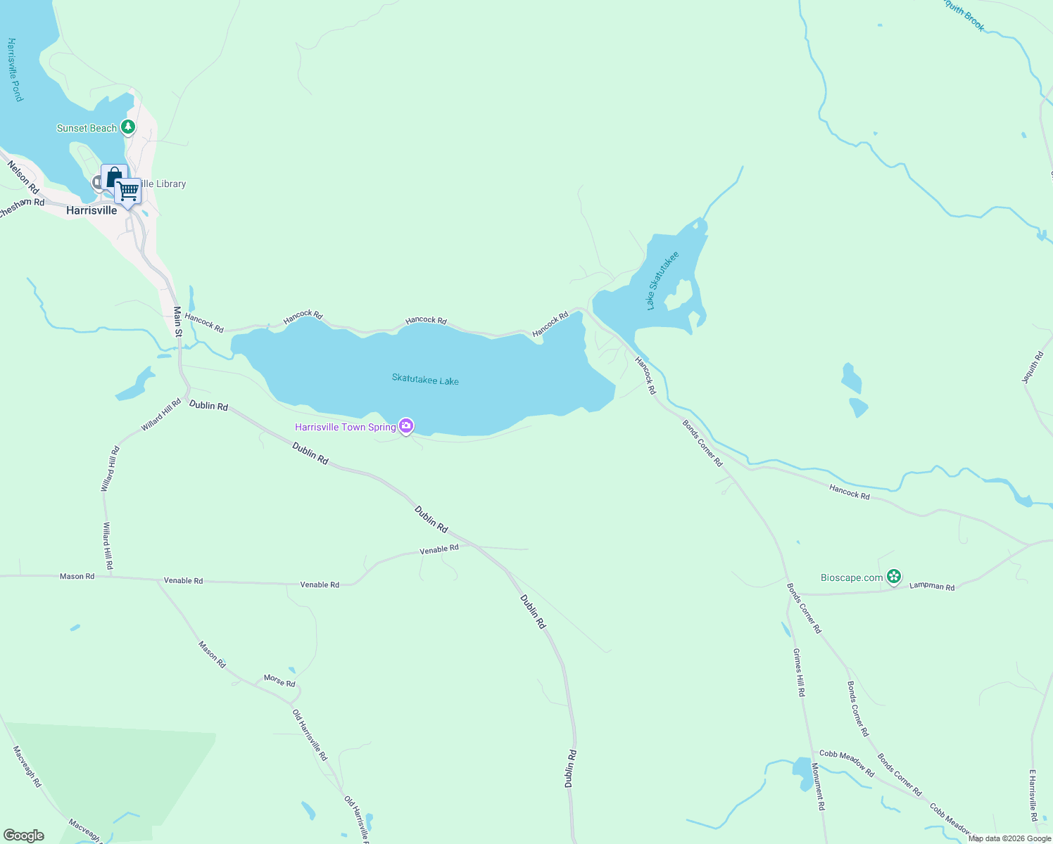 map of restaurants, bars, coffee shops, grocery stores, and more near 275-321 Skatutakee Lake Road in Harrisville