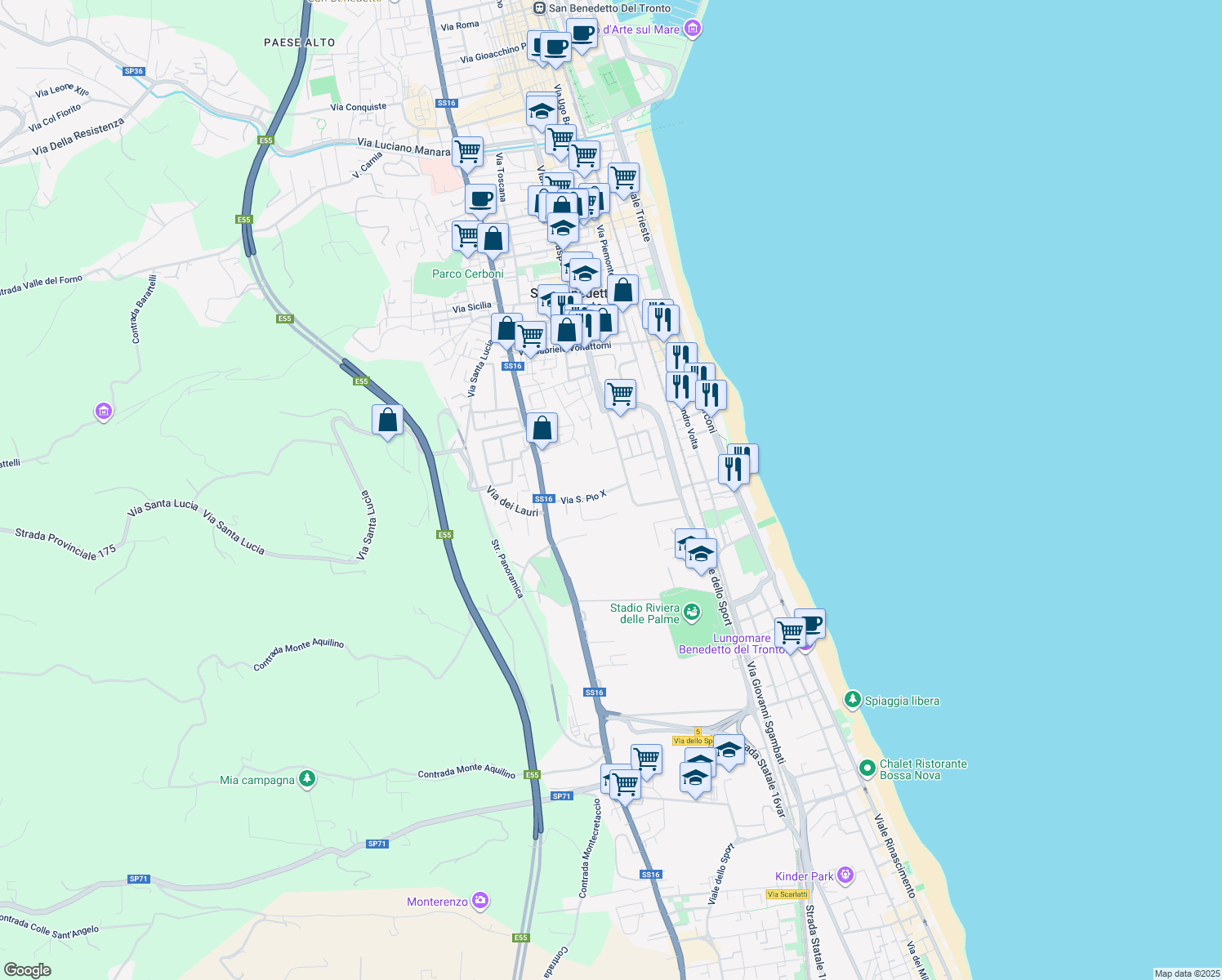 map of restaurants, bars, coffee shops, grocery stores, and more near 40 Via San Pio X in San Benedetto del Tronto