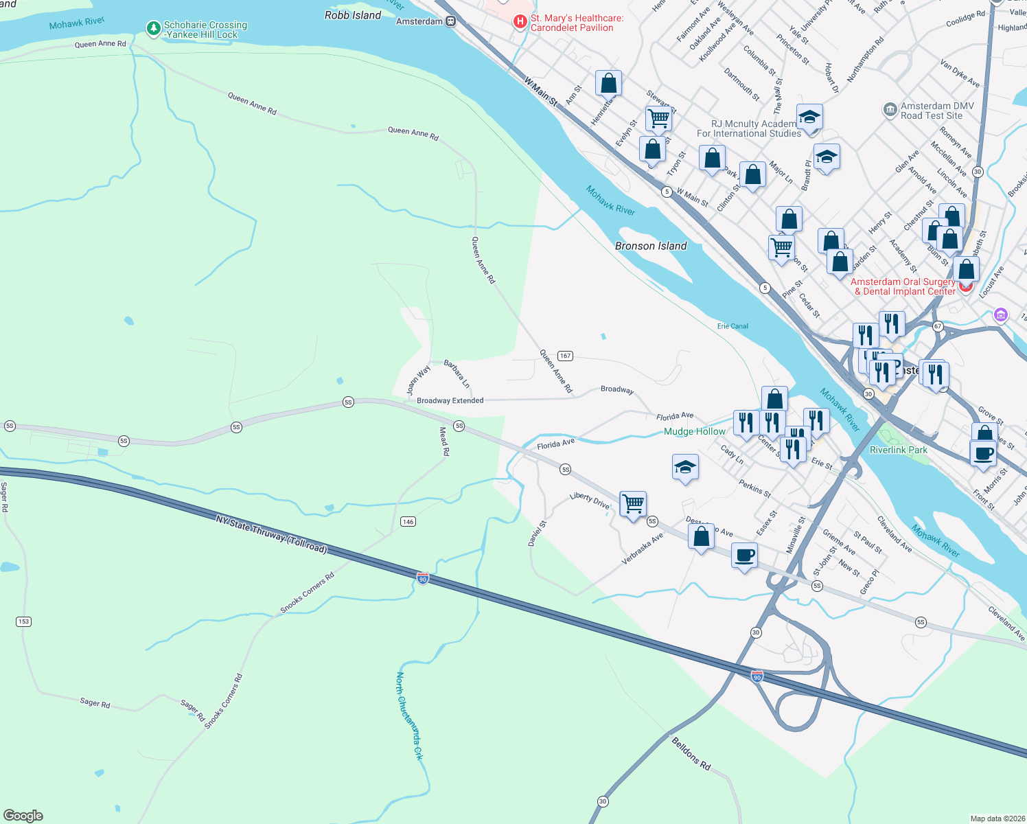 map of restaurants, bars, coffee shops, grocery stores, and more near 35 Broadway in Amsterdam