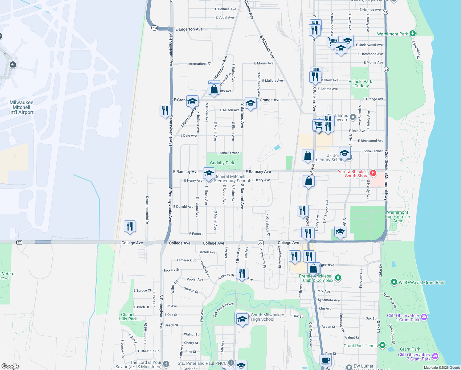 map of restaurants, bars, coffee shops, grocery stores, and more near 5961 South Elaine Avenue in Cudahy