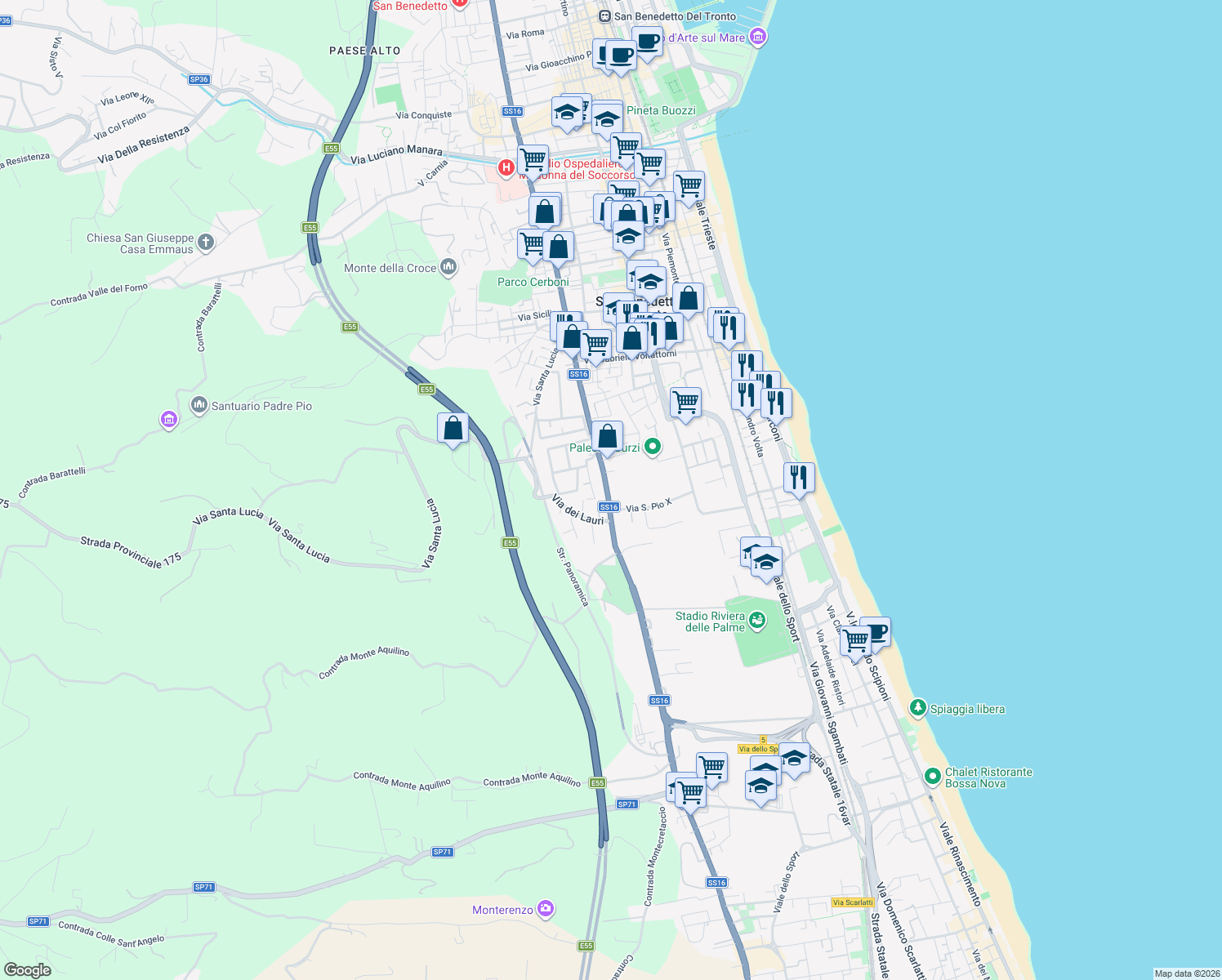 map of restaurants, bars, coffee shops, grocery stores, and more near 71 Via della Liberazione in San Benedetto del Tronto