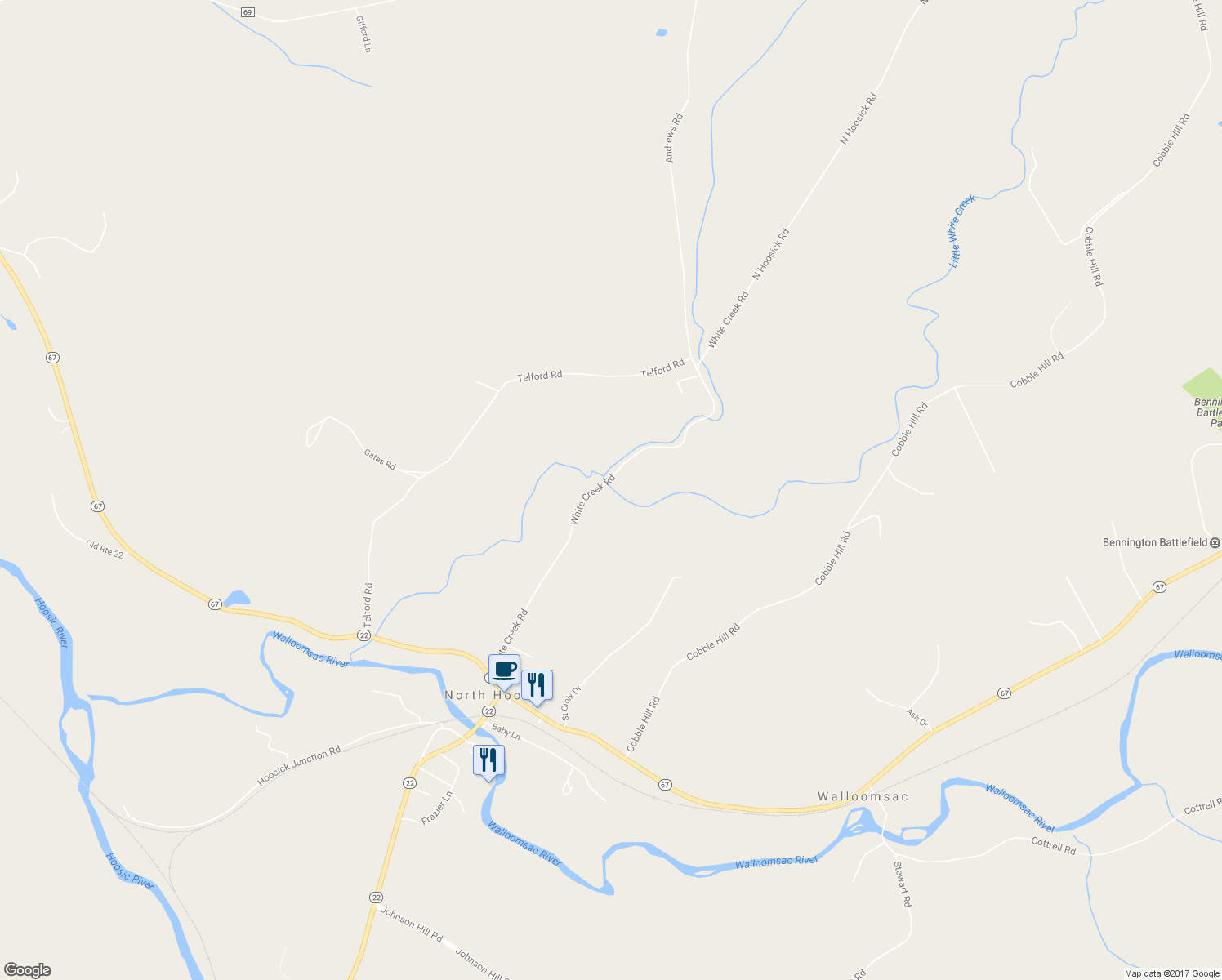 map of restaurants, bars, coffee shops, grocery stores, and more near 132 White Creek Road in Eagle Bridge