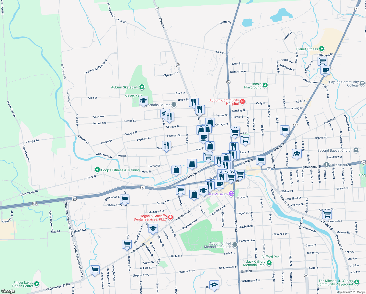 map of restaurants, bars, coffee shops, grocery stores, and more near 96-100 Van Anden Street in Auburn