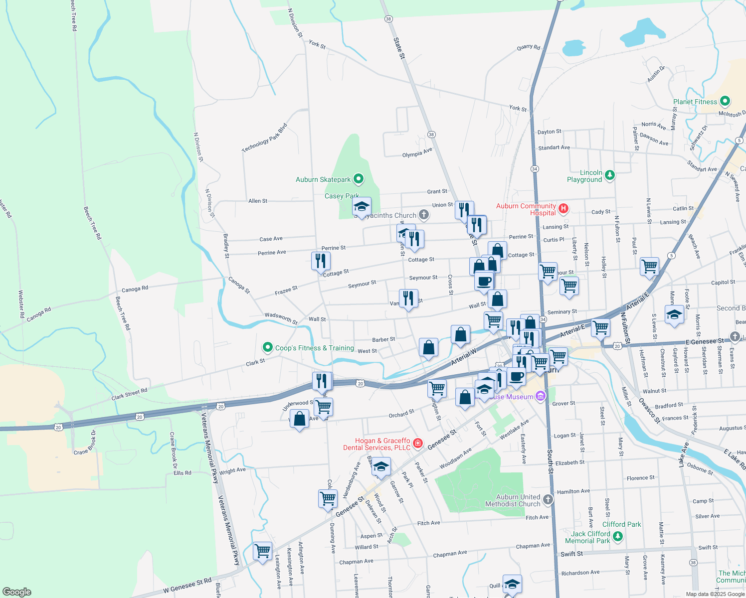 map of restaurants, bars, coffee shops, grocery stores, and more near 161 Van Anden Street in Auburn
