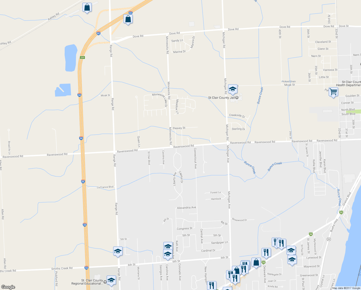 map of restaurants, bars, coffee shops, grocery stores, and more near 4212 Ravenswood Road in Port Huron
