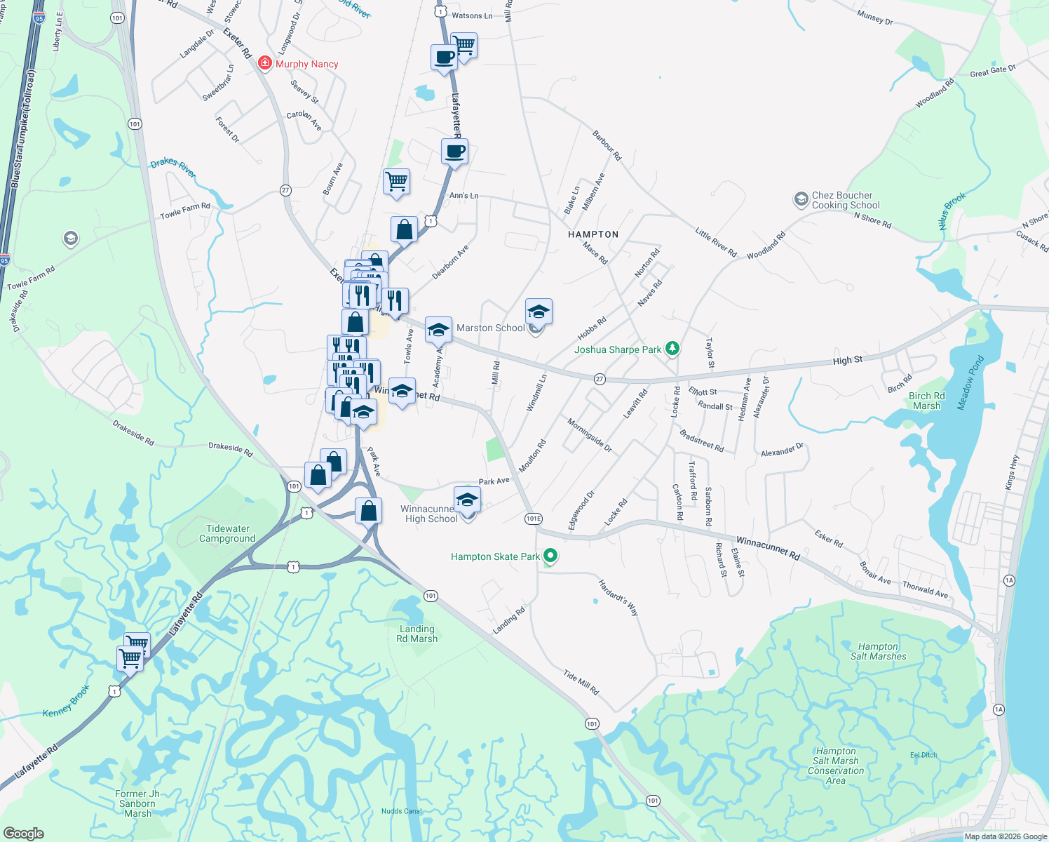 map of restaurants, bars, coffee shops, grocery stores, and more near 28 Windmill Lane in Hampton