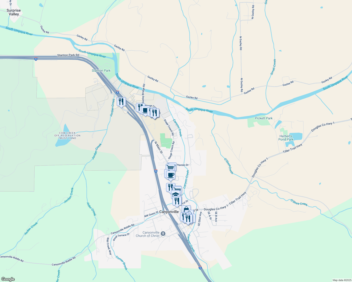 map of restaurants, bars, coffee shops, grocery stores, and more near Beaver Lane in Canyonville