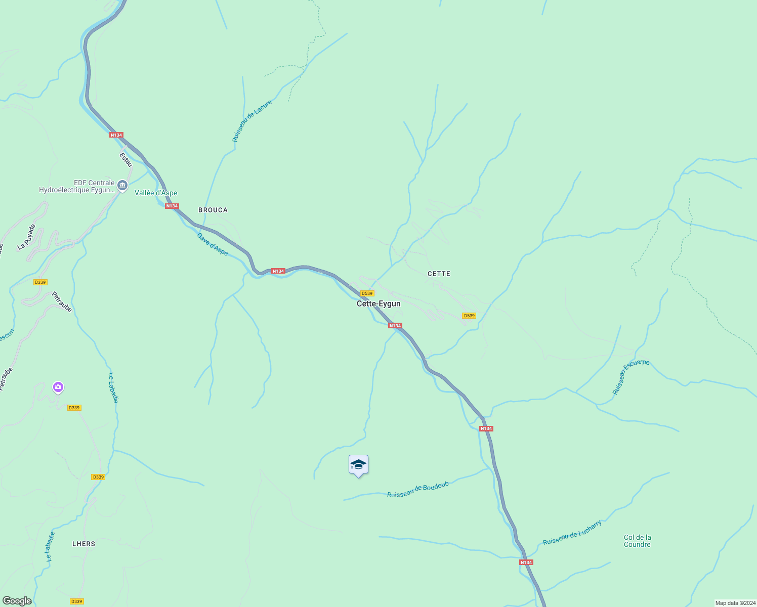 map of restaurants, bars, coffee shops, grocery stores, and more near Vierge d'Eygun in Cette-Eygun