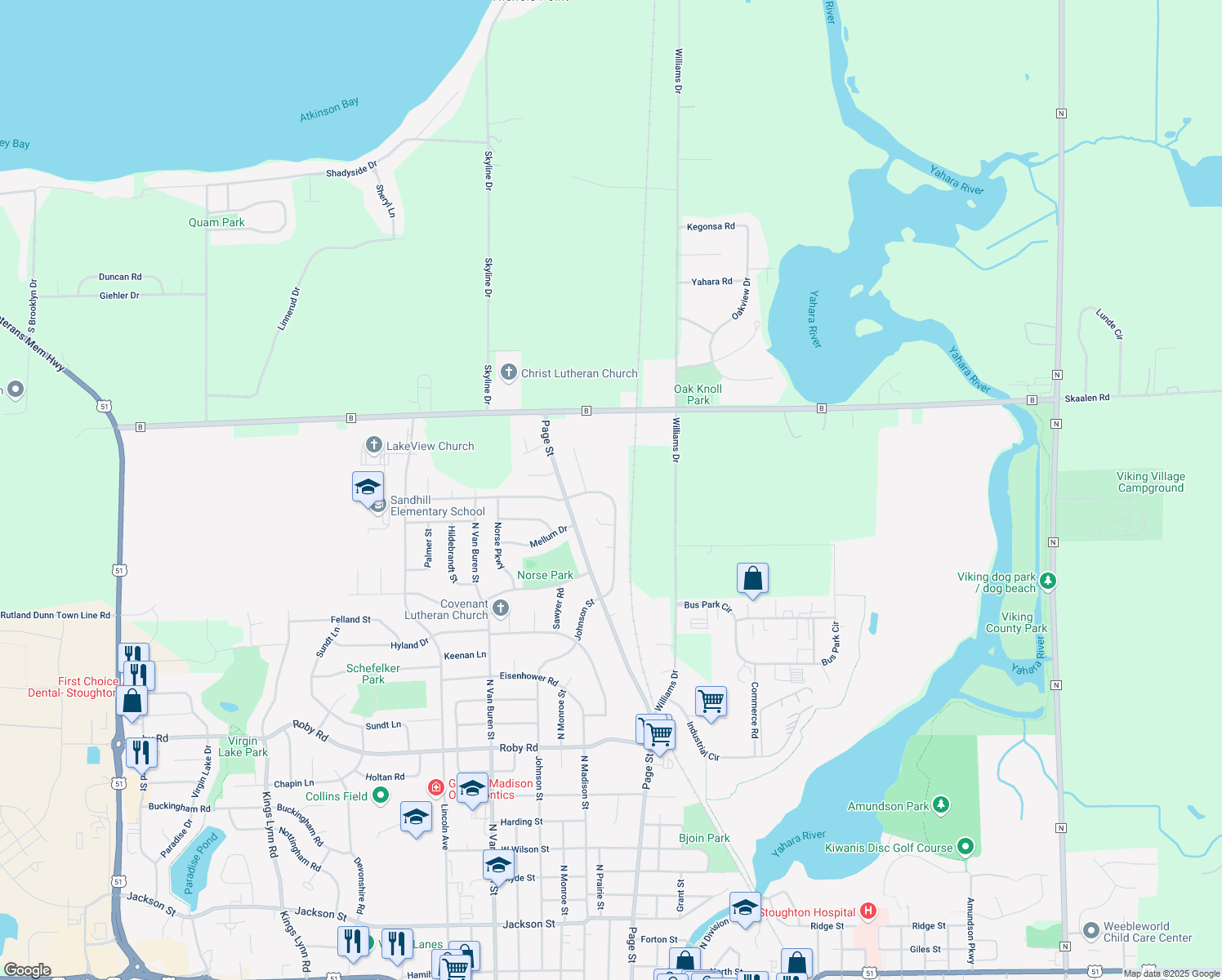 map of restaurants, bars, coffee shops, grocery stores, and more near 300 Greig Trail in Stoughton