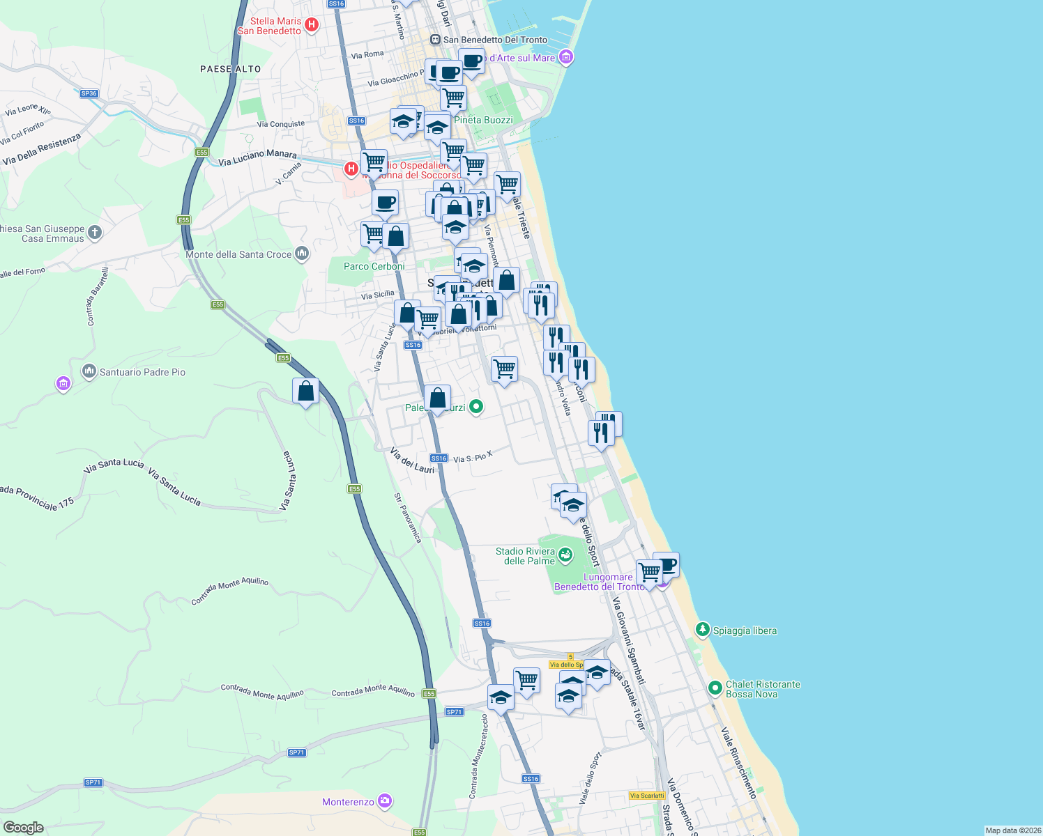 map of restaurants, bars, coffee shops, grocery stores, and more near 39 Via del Vignola in San Benedetto del Tronto