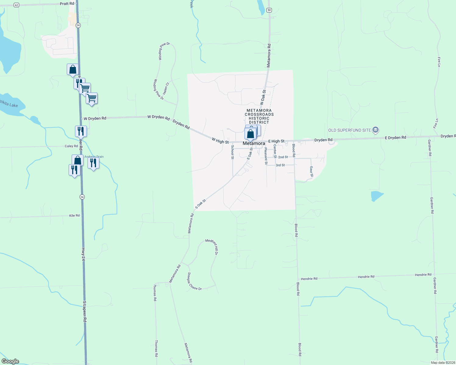 map of restaurants, bars, coffee shops, grocery stores, and more near South Oak Street in Metamora