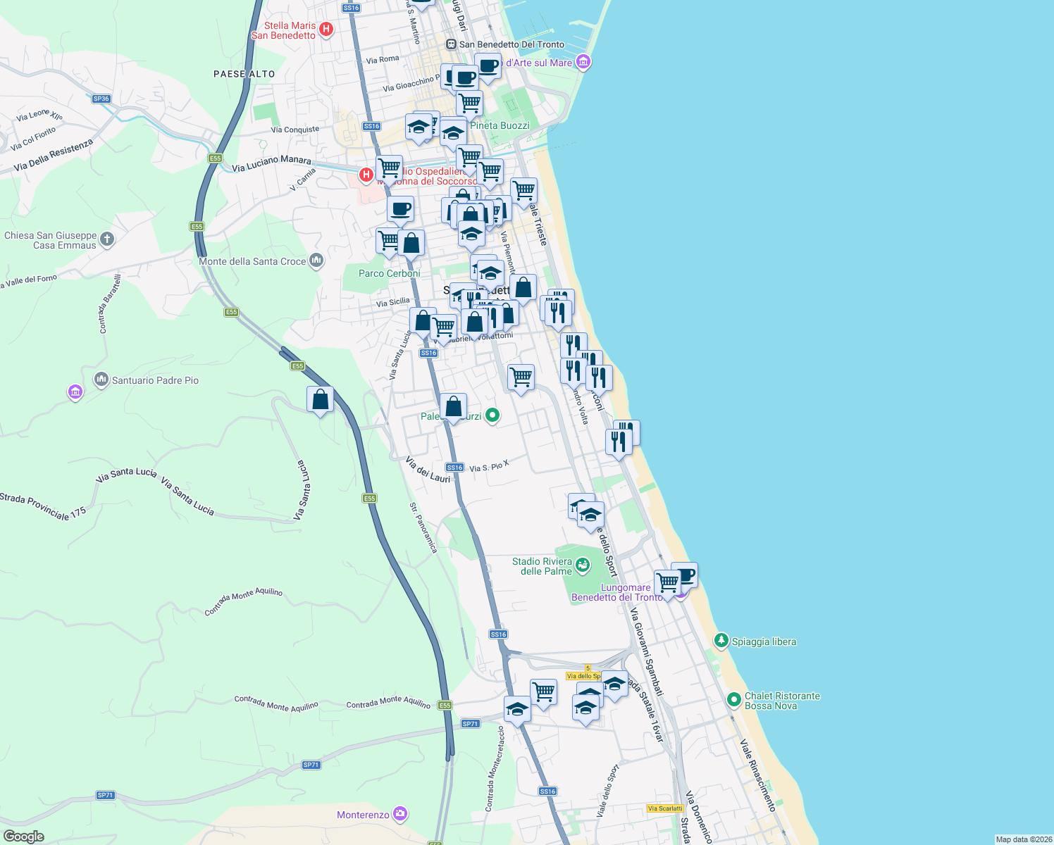 map of restaurants, bars, coffee shops, grocery stores, and more near 39 Via del Vignola in San Benedetto del Tronto