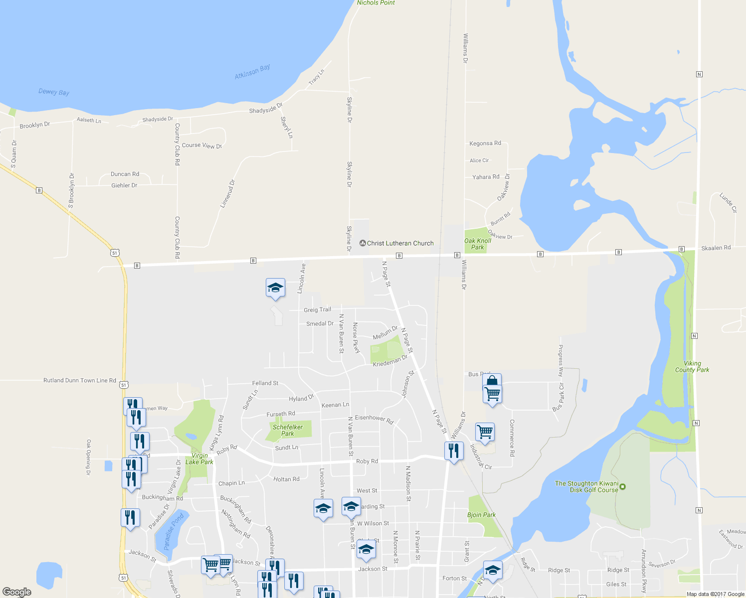 map of restaurants, bars, coffee shops, grocery stores, and more near 609 Nordic Trail in Stoughton