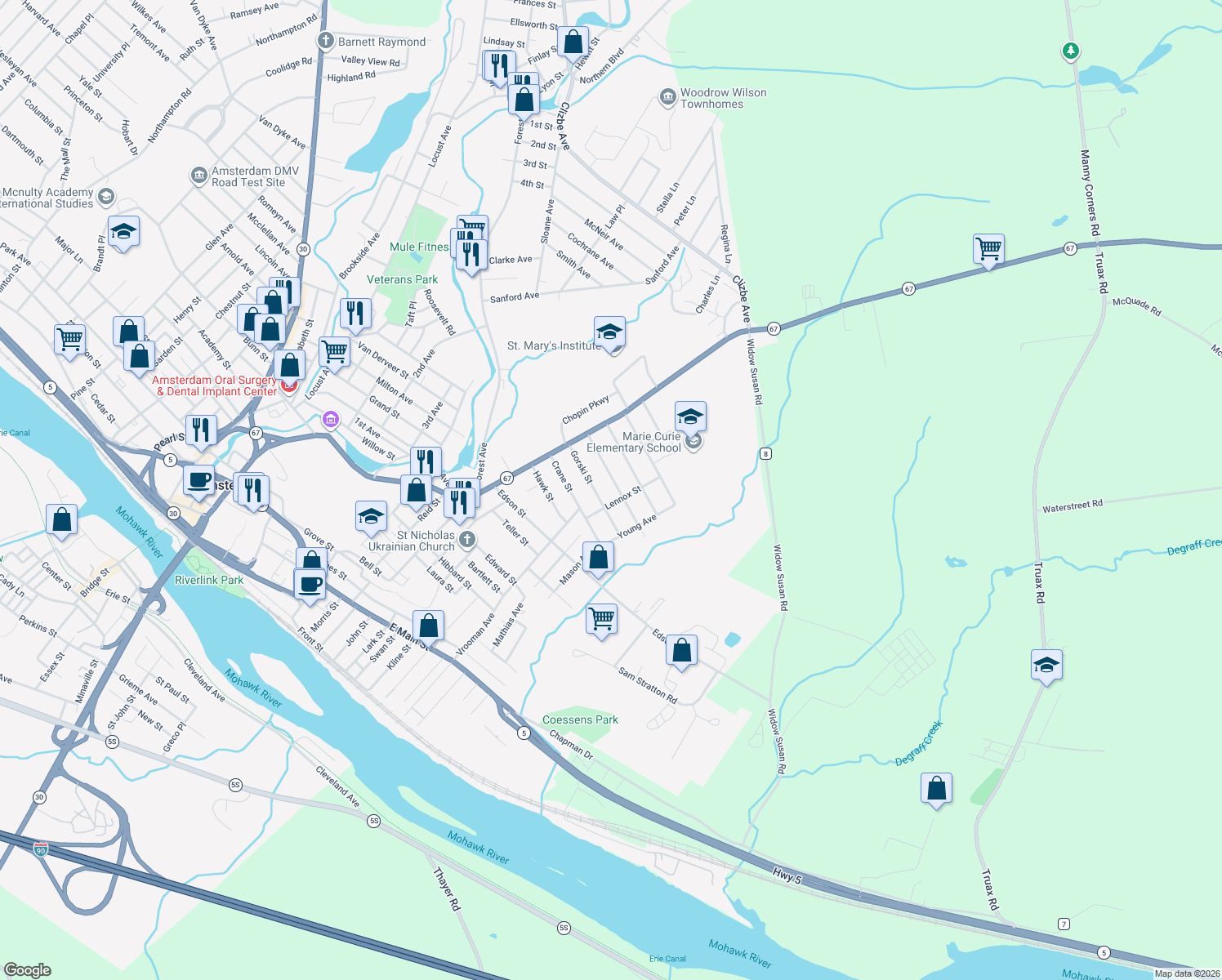 map of restaurants, bars, coffee shops, grocery stores, and more near 27 Catherine St in Amsterdam