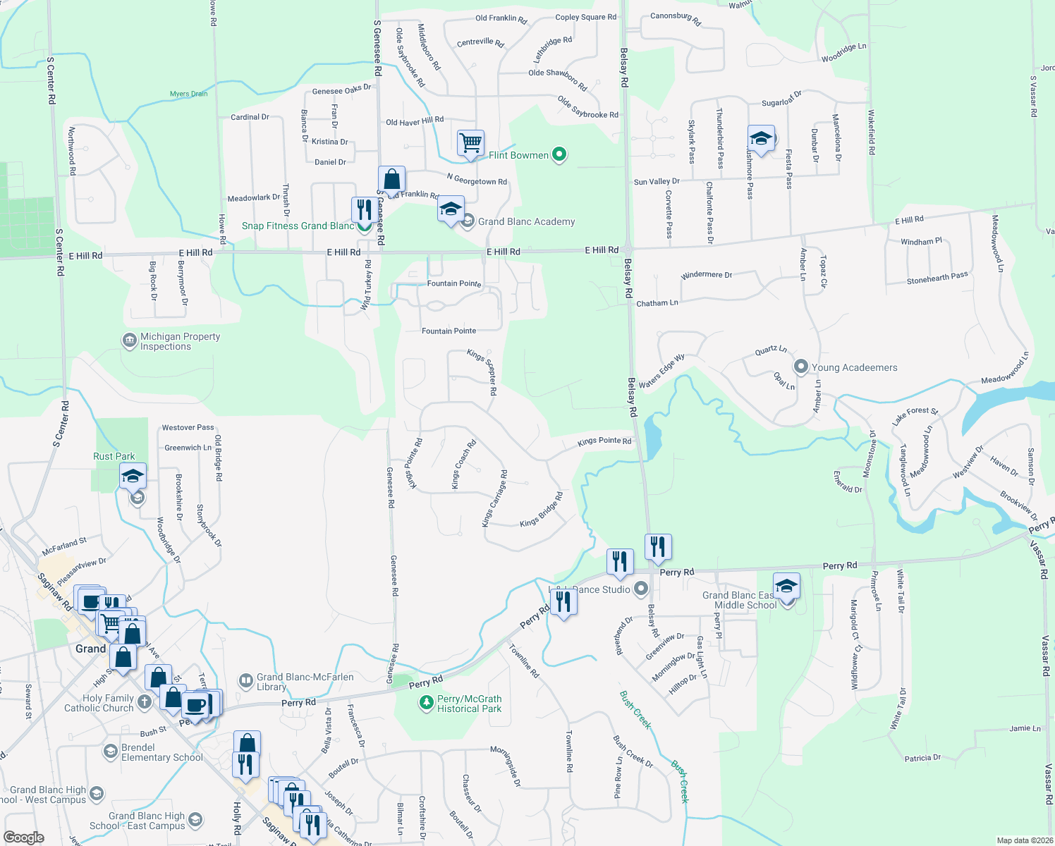 map of restaurants, bars, coffee shops, grocery stores, and more near 6284 Kings Pointe Circle in Grand Blanc