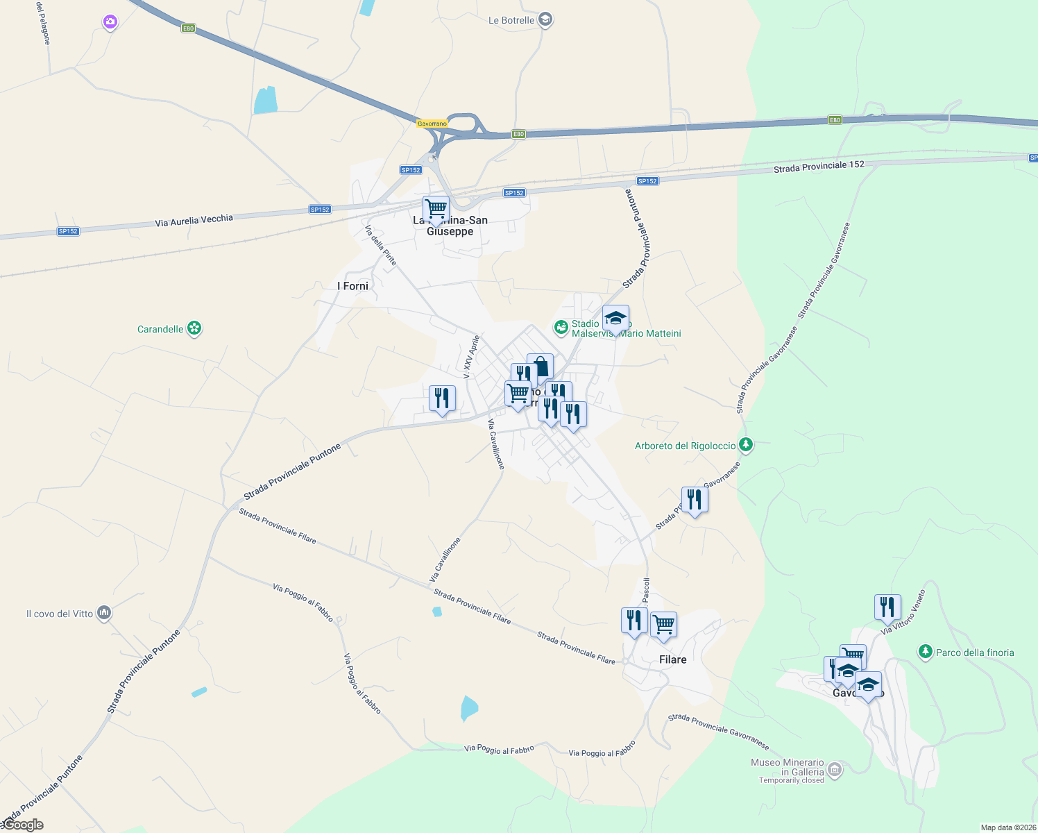 map of restaurants, bars, coffee shops, grocery stores, and more near 1/B Via E. Curiel in Bagno di Gavorrano