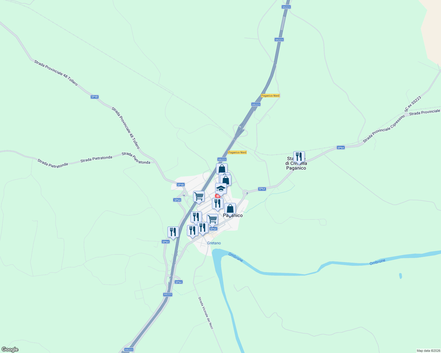 map of restaurants, bars, coffee shops, grocery stores, and more near 1 Via Franco Borgo in Paganico