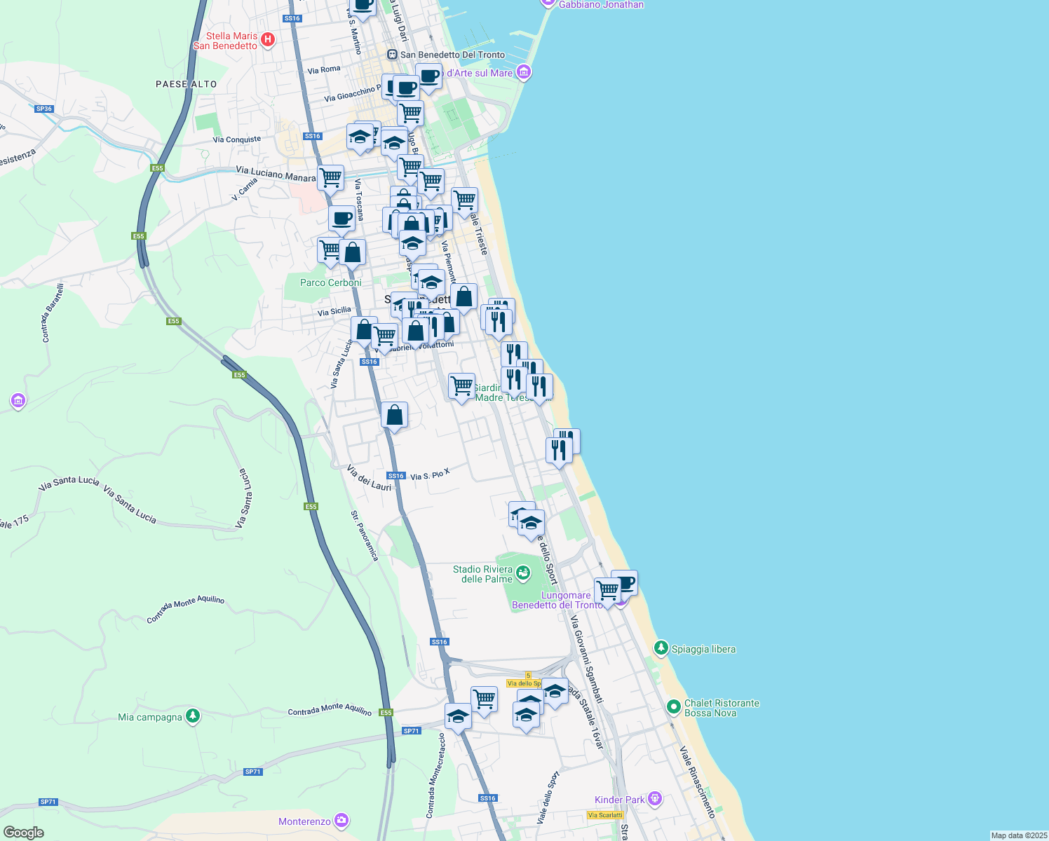 map of restaurants, bars, coffee shops, grocery stores, and more near 143 Via Alessandro Volta in San Benedetto del Tronto