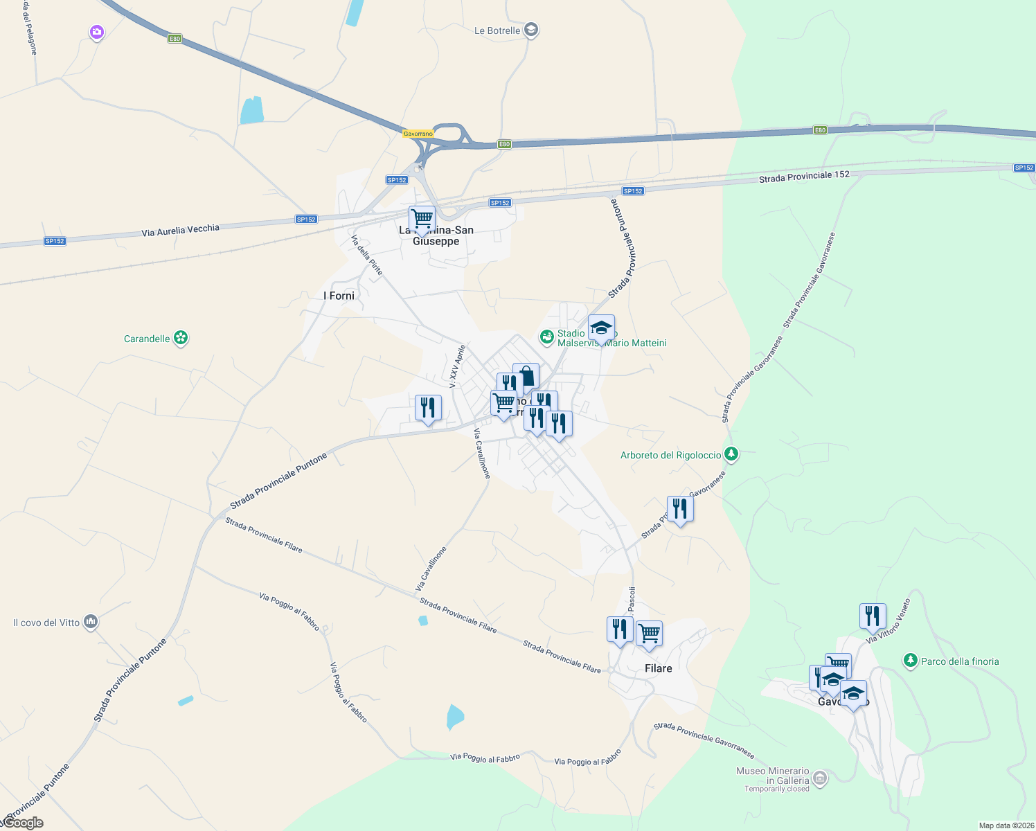 map of restaurants, bars, coffee shops, grocery stores, and more near 1b Via Eugenio Curiel in Bagno di Gavorrano