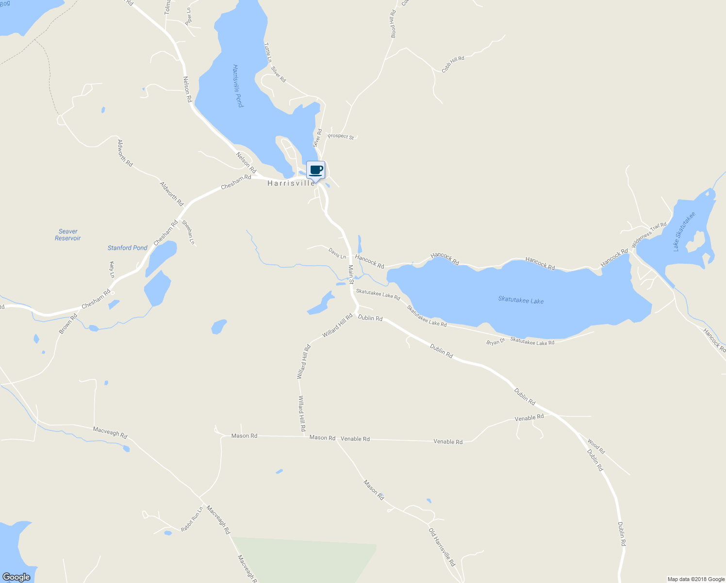map of restaurants, bars, coffee shops, grocery stores, and more near 55 Skatutakee Lake Road in Harrisville
