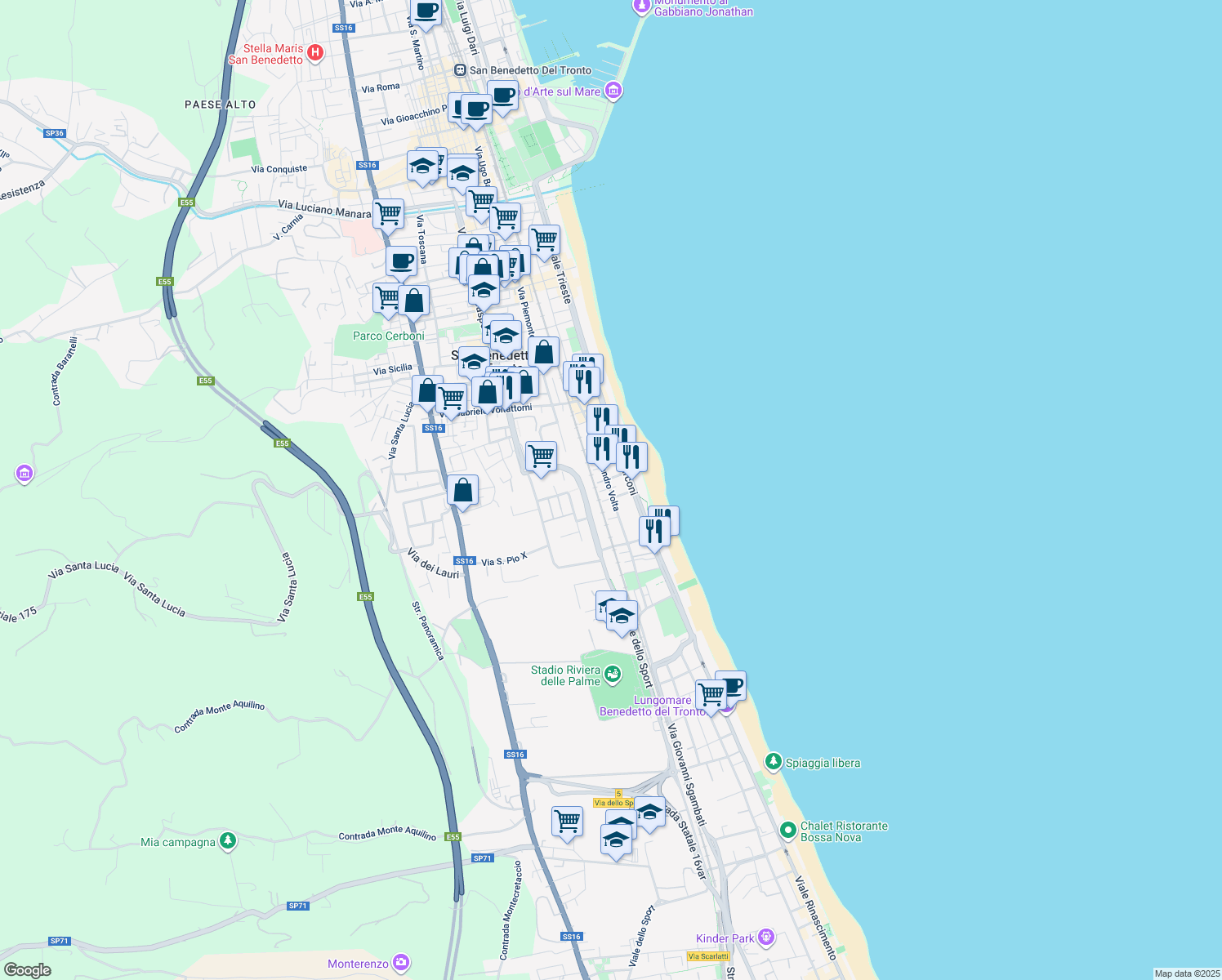 map of restaurants, bars, coffee shops, grocery stores, and more near 143 Via Alessandro Volta in San Benedetto del Tronto
