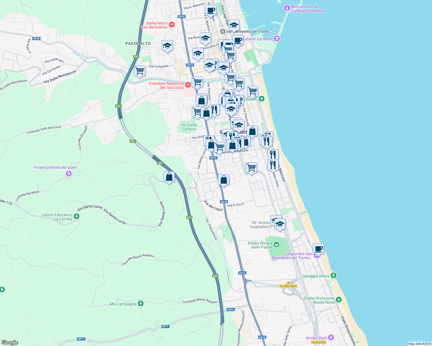 map of restaurants, bars, coffee shops, grocery stores, and more near 32 Via della Liberazione in San Benedetto del Tronto