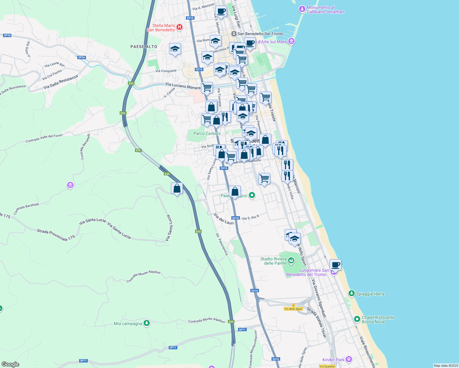 map of restaurants, bars, coffee shops, grocery stores, and more near 32 Via Liberazione in San Benedetto del Tronto