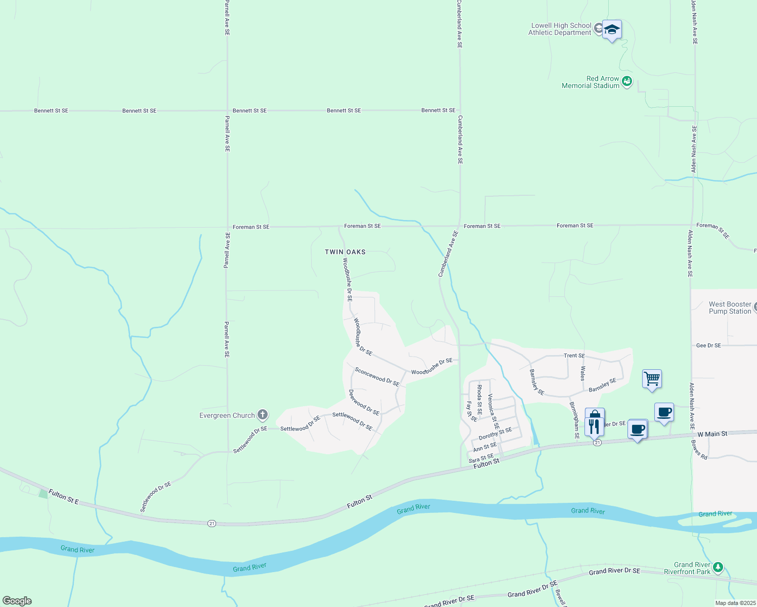 map of restaurants, bars, coffee shops, grocery stores, and more near 1464 Baywicke Drive Southeast in Lowell