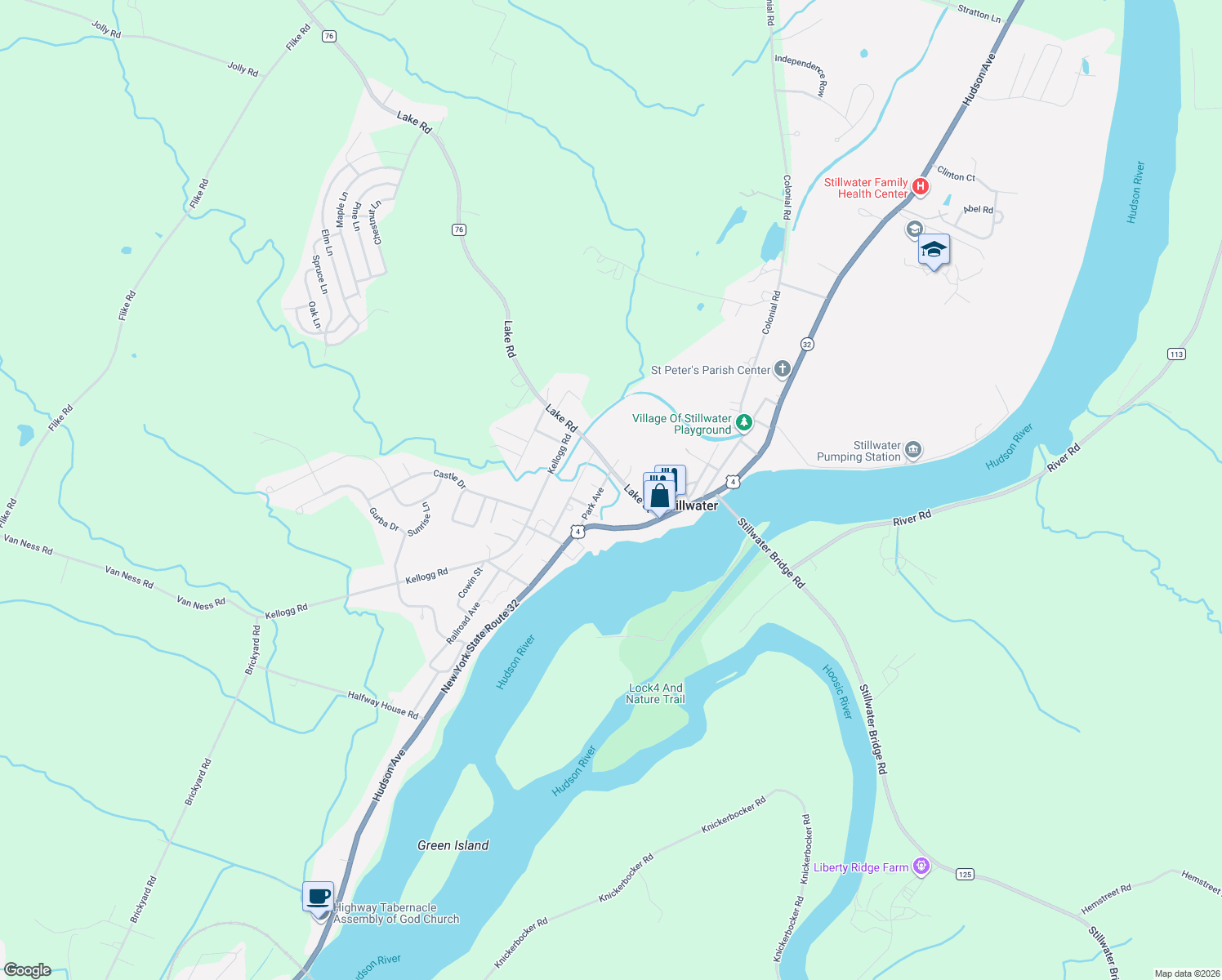 map of restaurants, bars, coffee shops, grocery stores, and more near 26 Park Ave in Stillwater