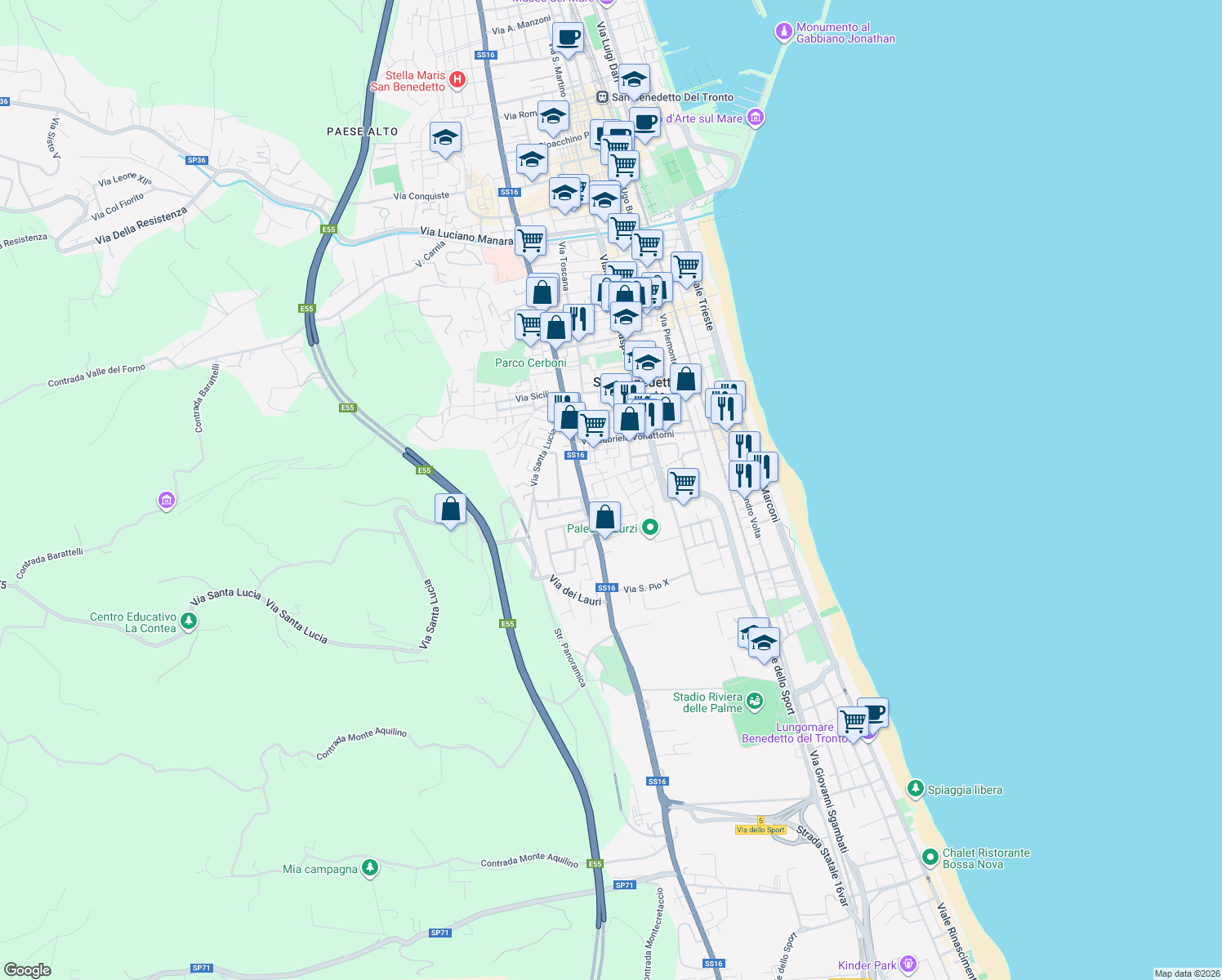 map of restaurants, bars, coffee shops, grocery stores, and more near 24 Via Francesco Todaro in San Benedetto del Tronto