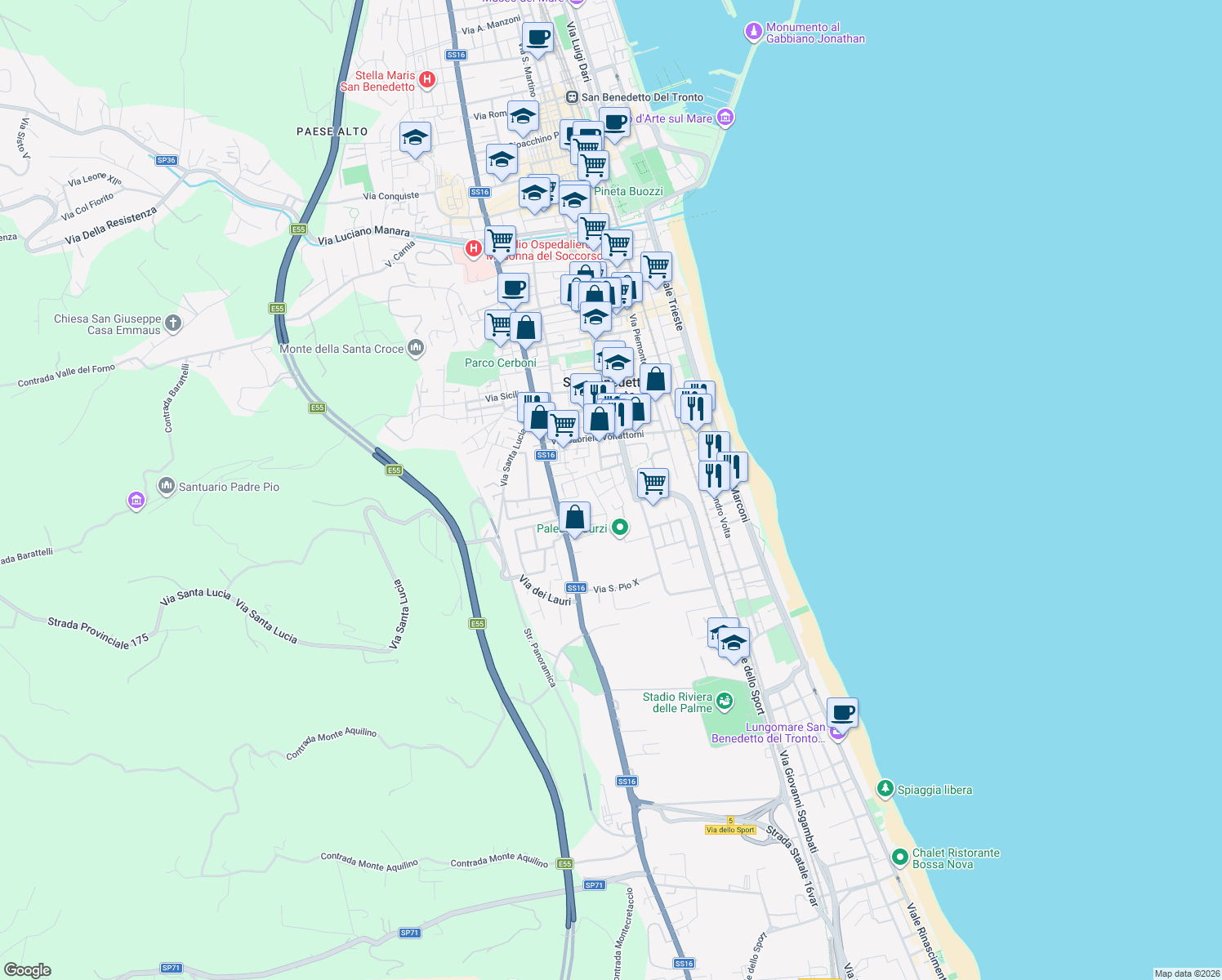 map of restaurants, bars, coffee shops, grocery stores, and more near 13 Via del Tiziano in San Benedetto del Tronto
