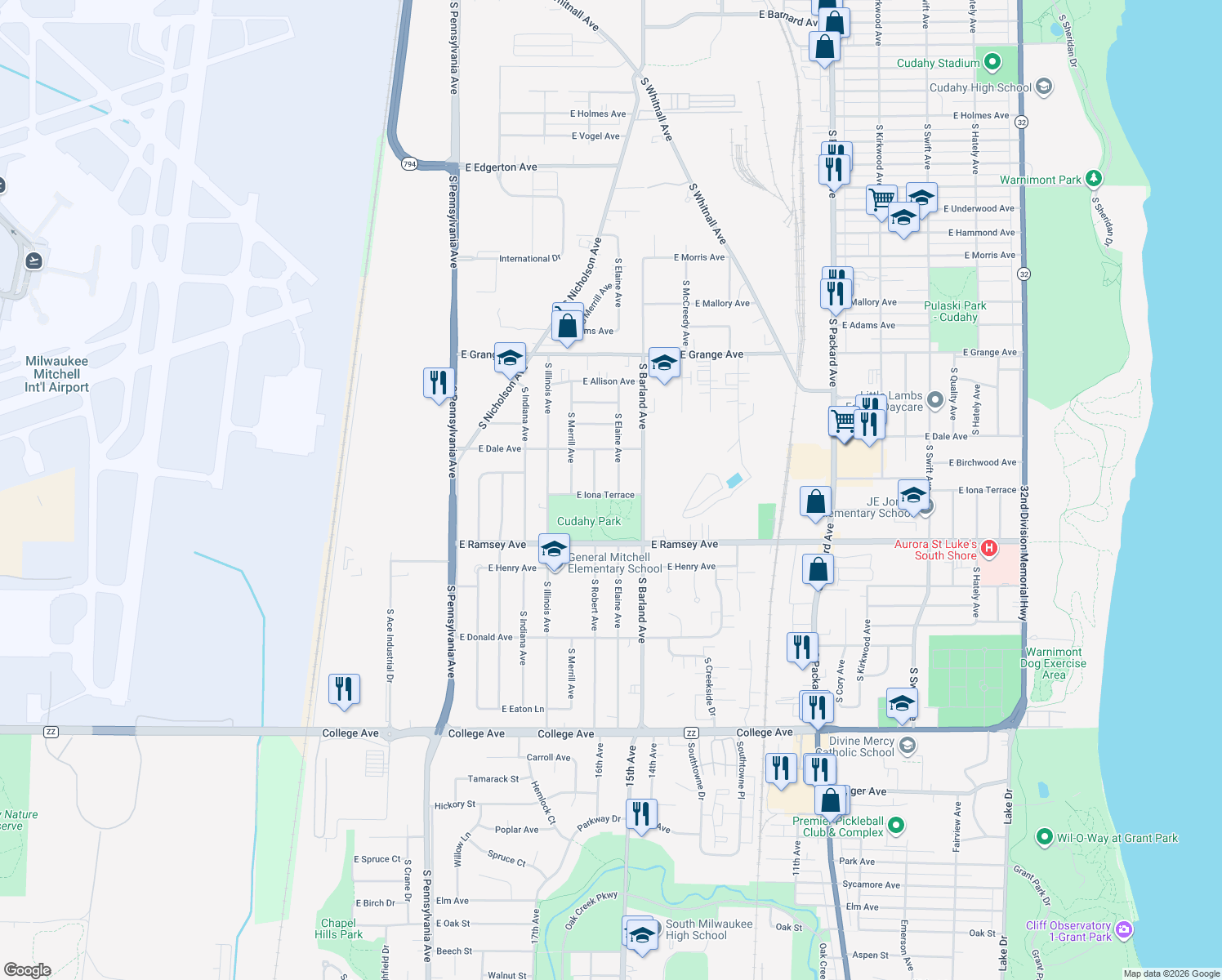 map of restaurants, bars, coffee shops, grocery stores, and more near 3036 East Iona Terrace in Cudahy