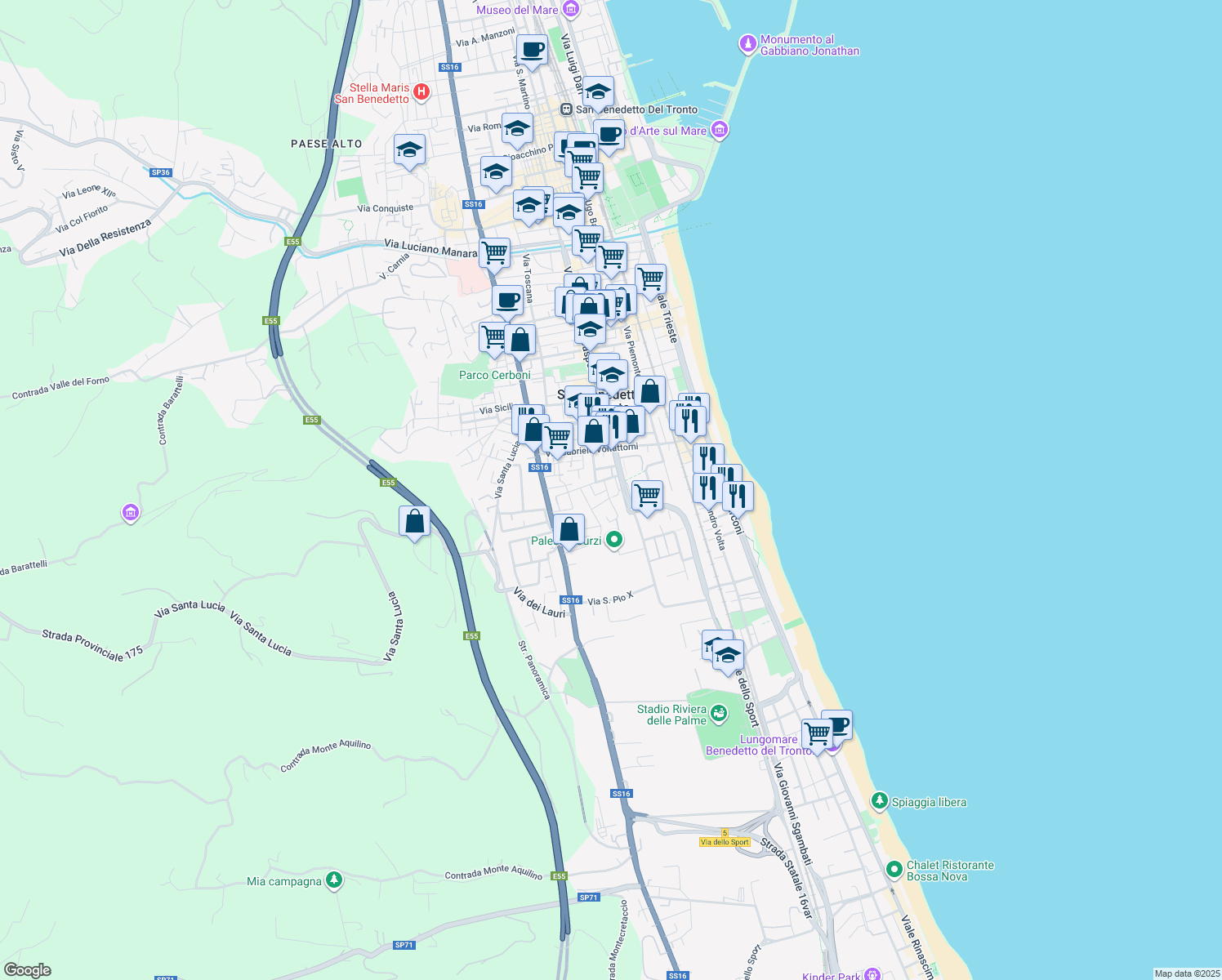 map of restaurants, bars, coffee shops, grocery stores, and more near 13 Via del Tiziano in San Benedetto del Tronto
