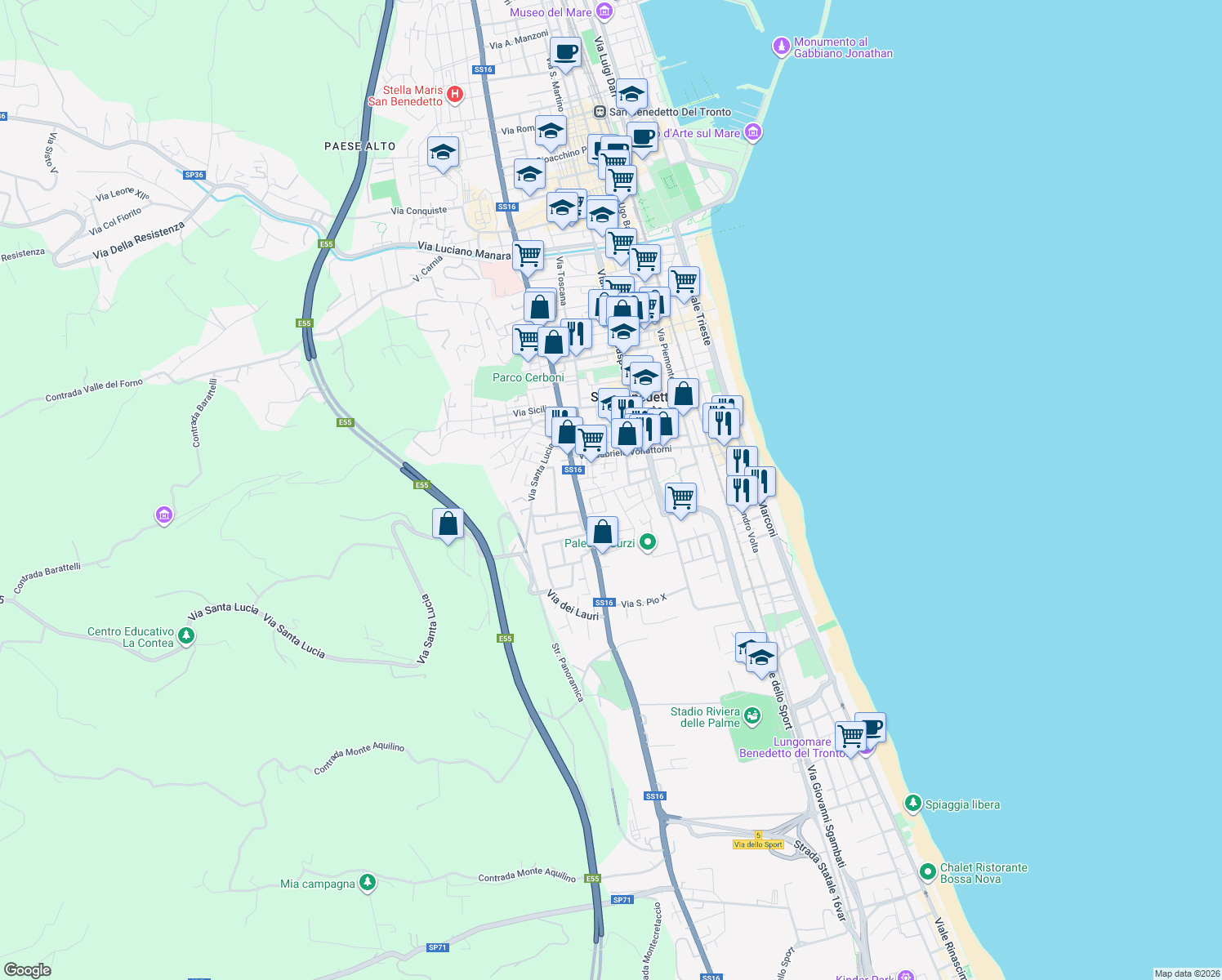 map of restaurants, bars, coffee shops, grocery stores, and more near 24 Via Francesco Todaro in San Benedetto del Tronto