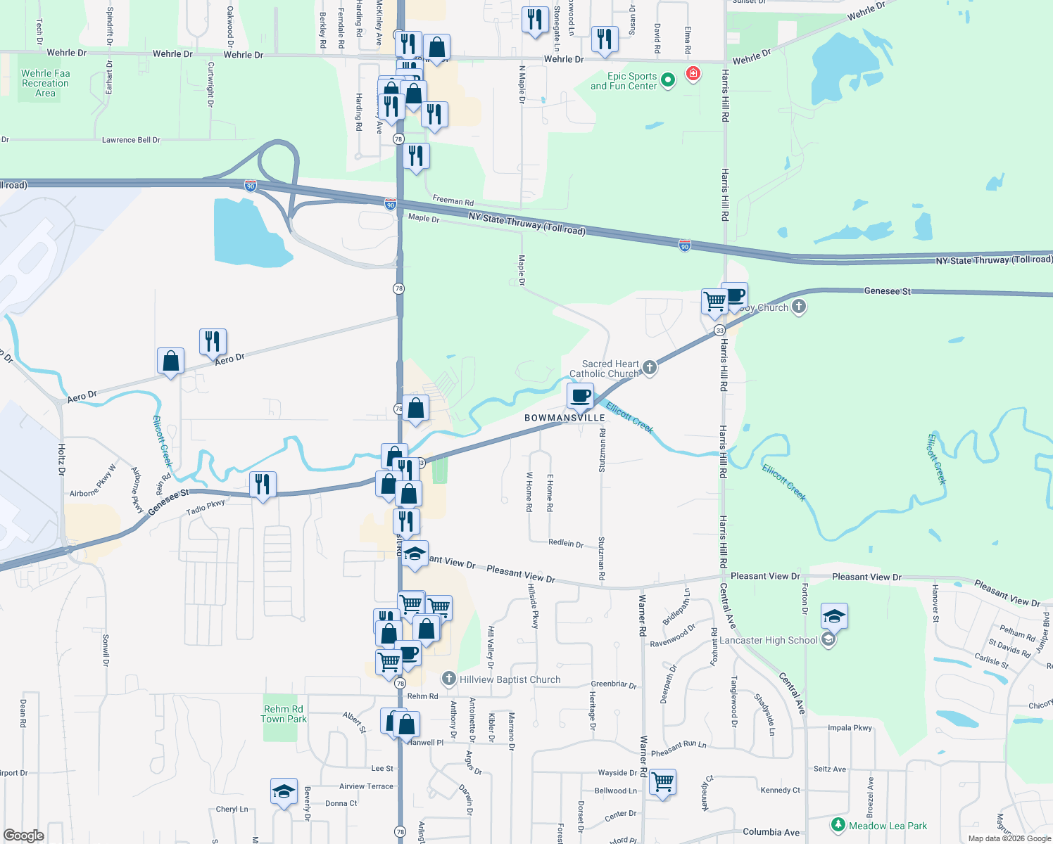 map of restaurants, bars, coffee shops, grocery stores, and more near 5176 Genesee Street in Bowmansville