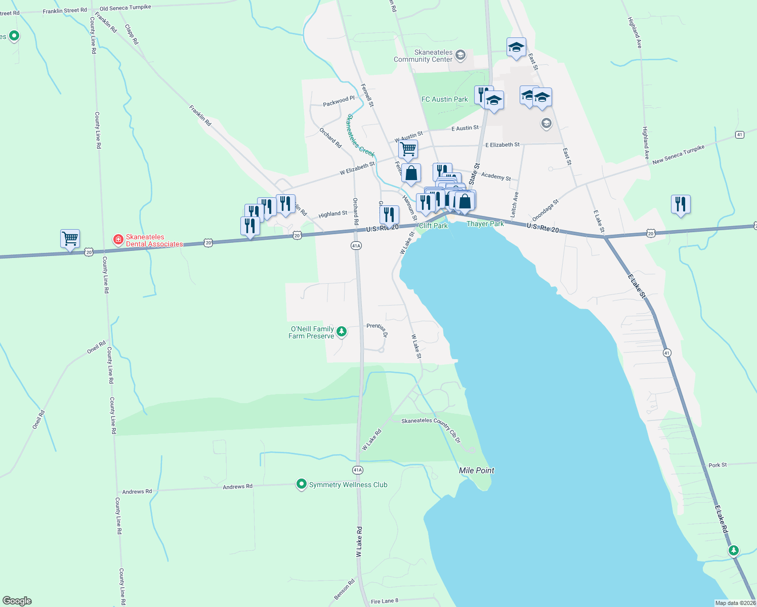 map of restaurants, bars, coffee shops, grocery stores, and more near 7 Shotwell Ln in Skaneateles