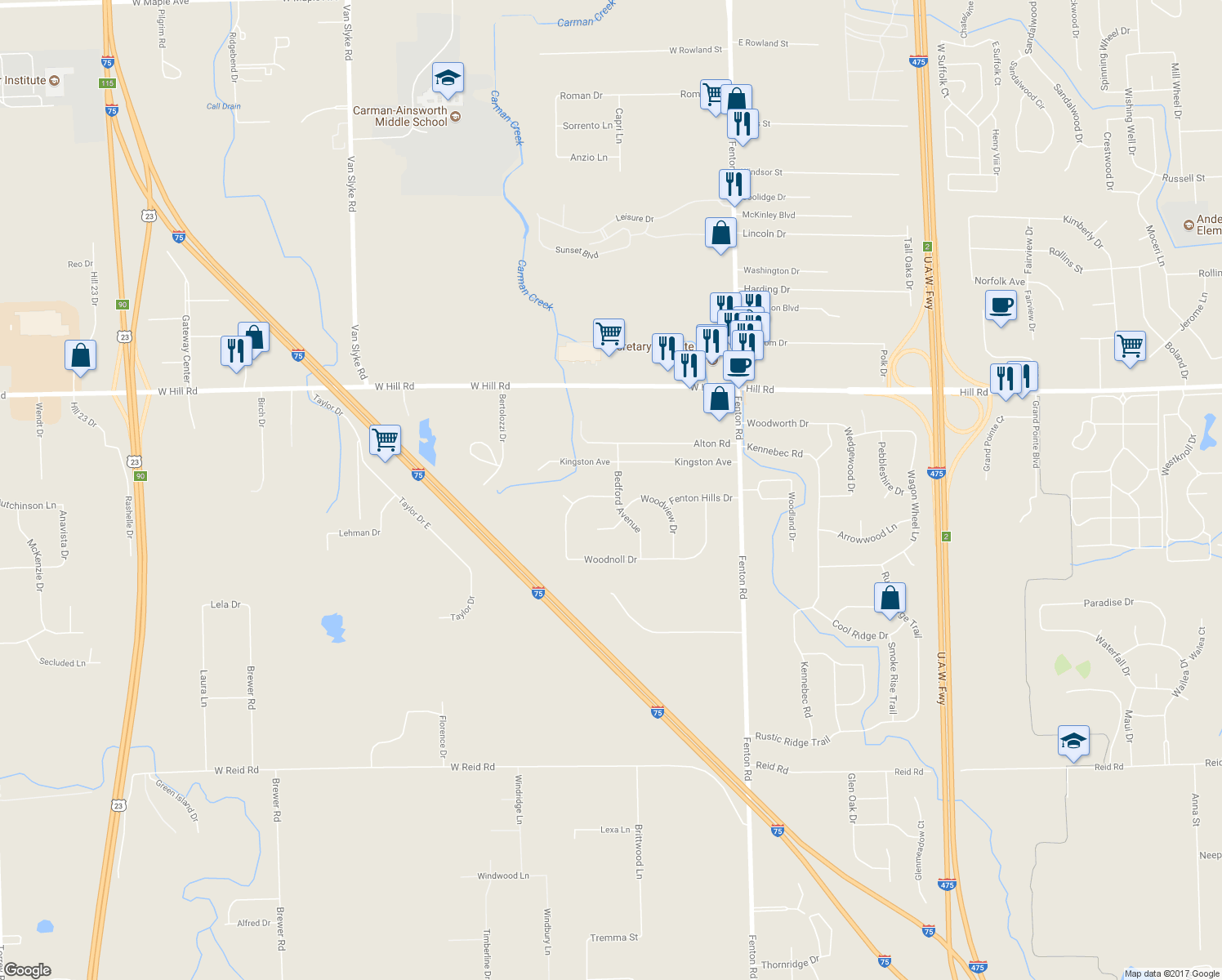 map of restaurants, bars, coffee shops, grocery stores, and more near 1449 Woodnoll Drive in Flint