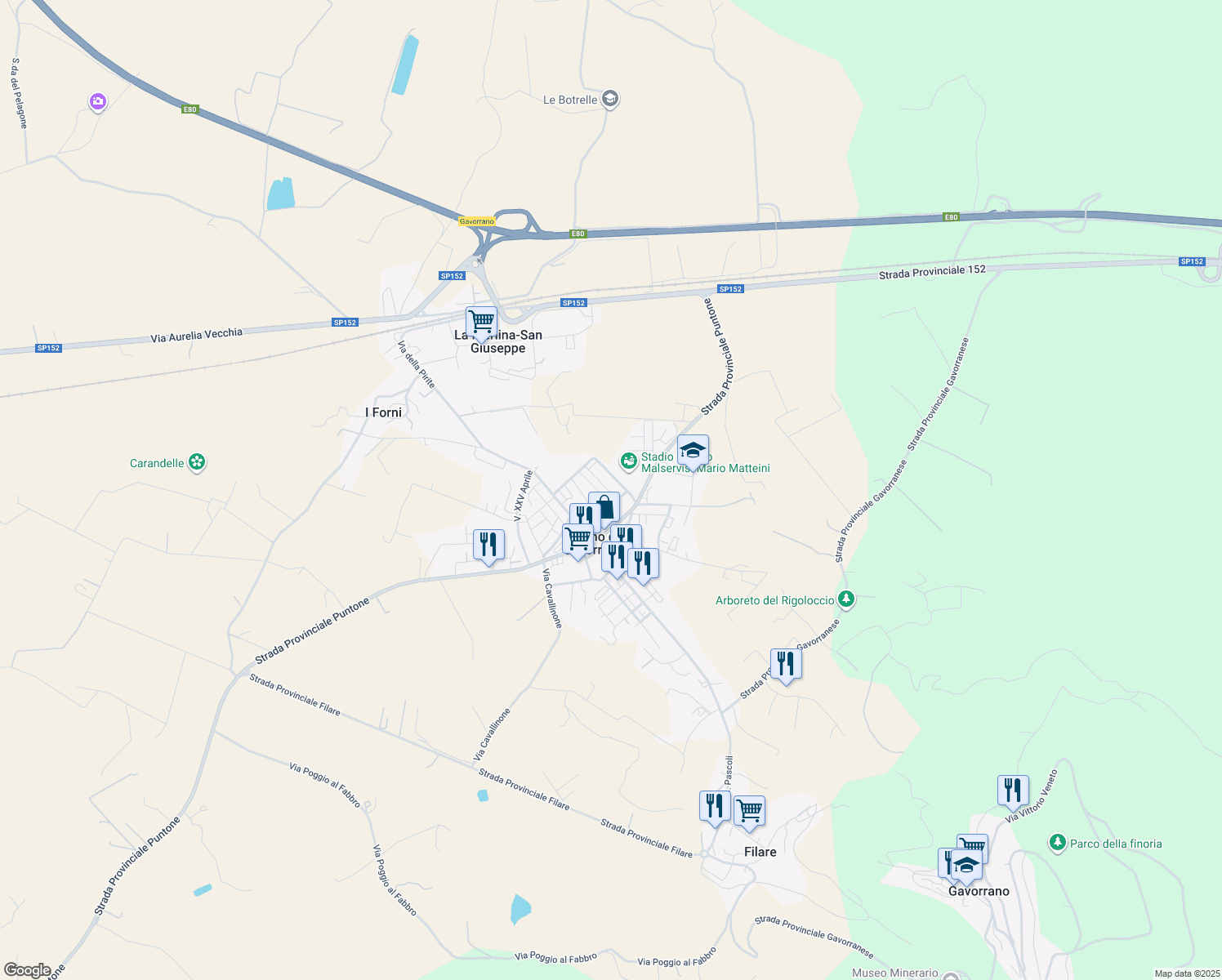 map of restaurants, bars, coffee shops, grocery stores, and more near 21 Via Benigno Zaccagnini in Bagno di Gavorrano