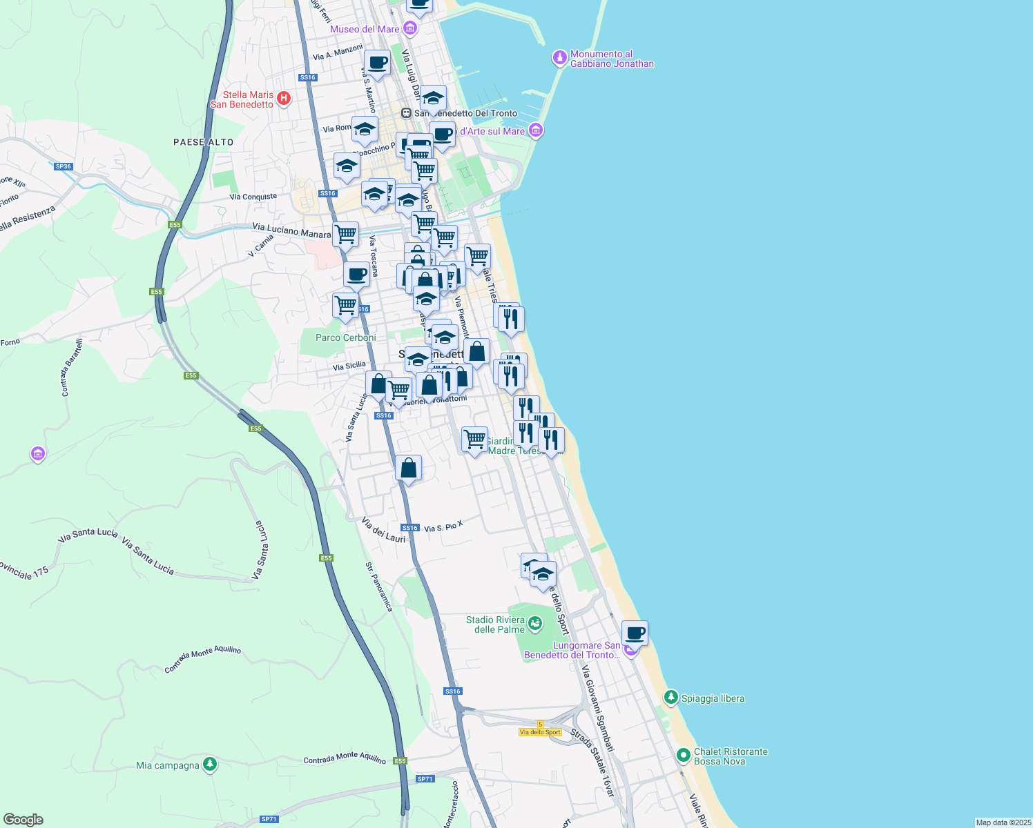 map of restaurants, bars, coffee shops, grocery stores, and more near 43 Via Cicerone in San Benedetto del Tronto