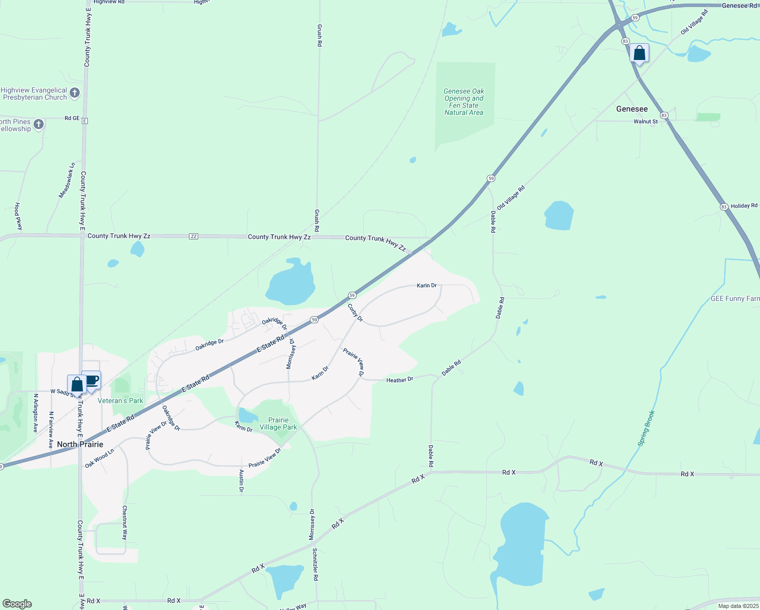 map of restaurants, bars, coffee shops, grocery stores, and more near 204 Karin Dr in North Prairie