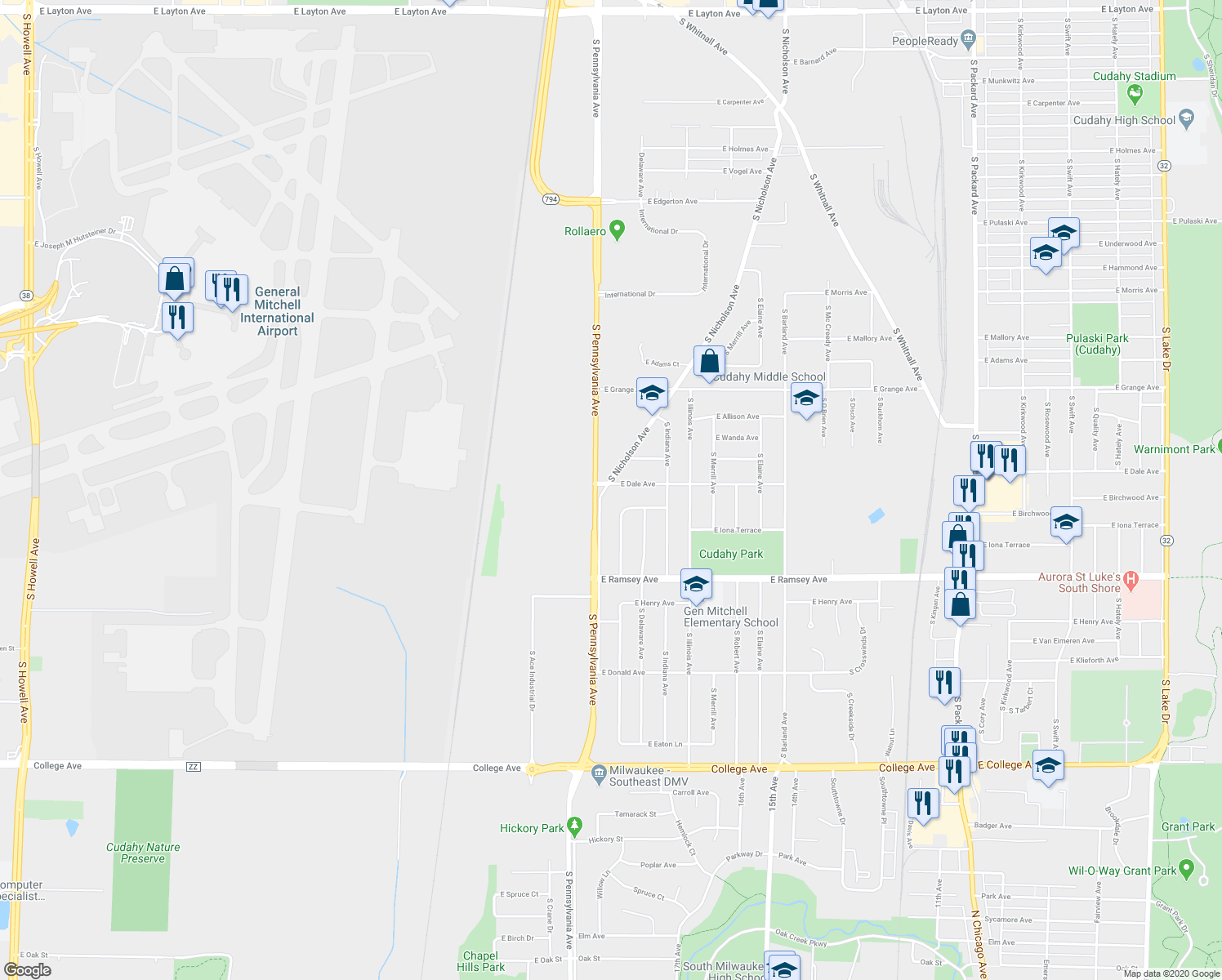 map of restaurants, bars, coffee shops, grocery stores, and more near 2419 East Dale Avenue in Cudahy
